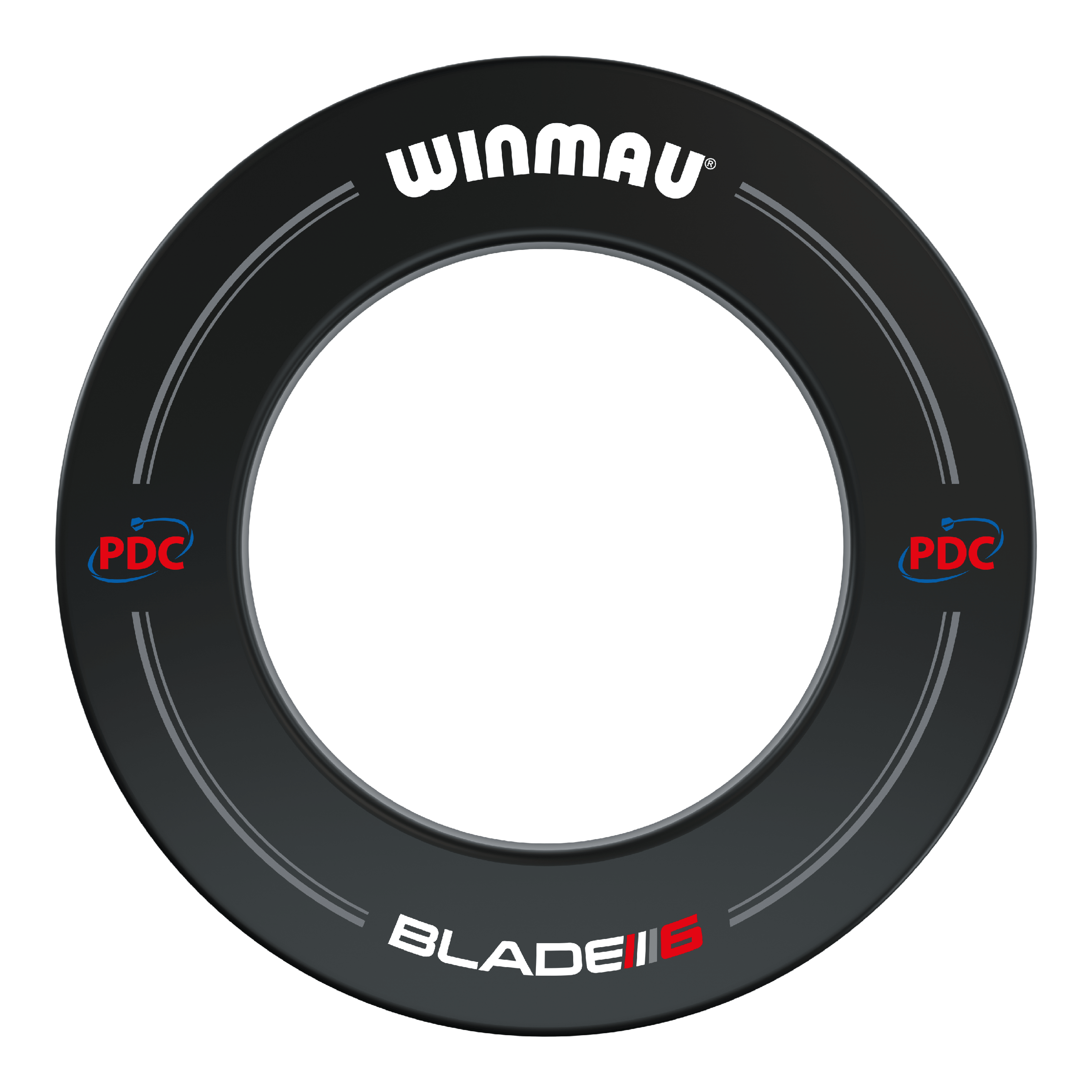Cornice per freccette Winmau PDC - nera Das Bild zeigt einen schwarzen Winmau PDC Dartboard Surround. Auf dem Surround sind die Logos von Winmau, PDC und Blade 5 zu sehen.