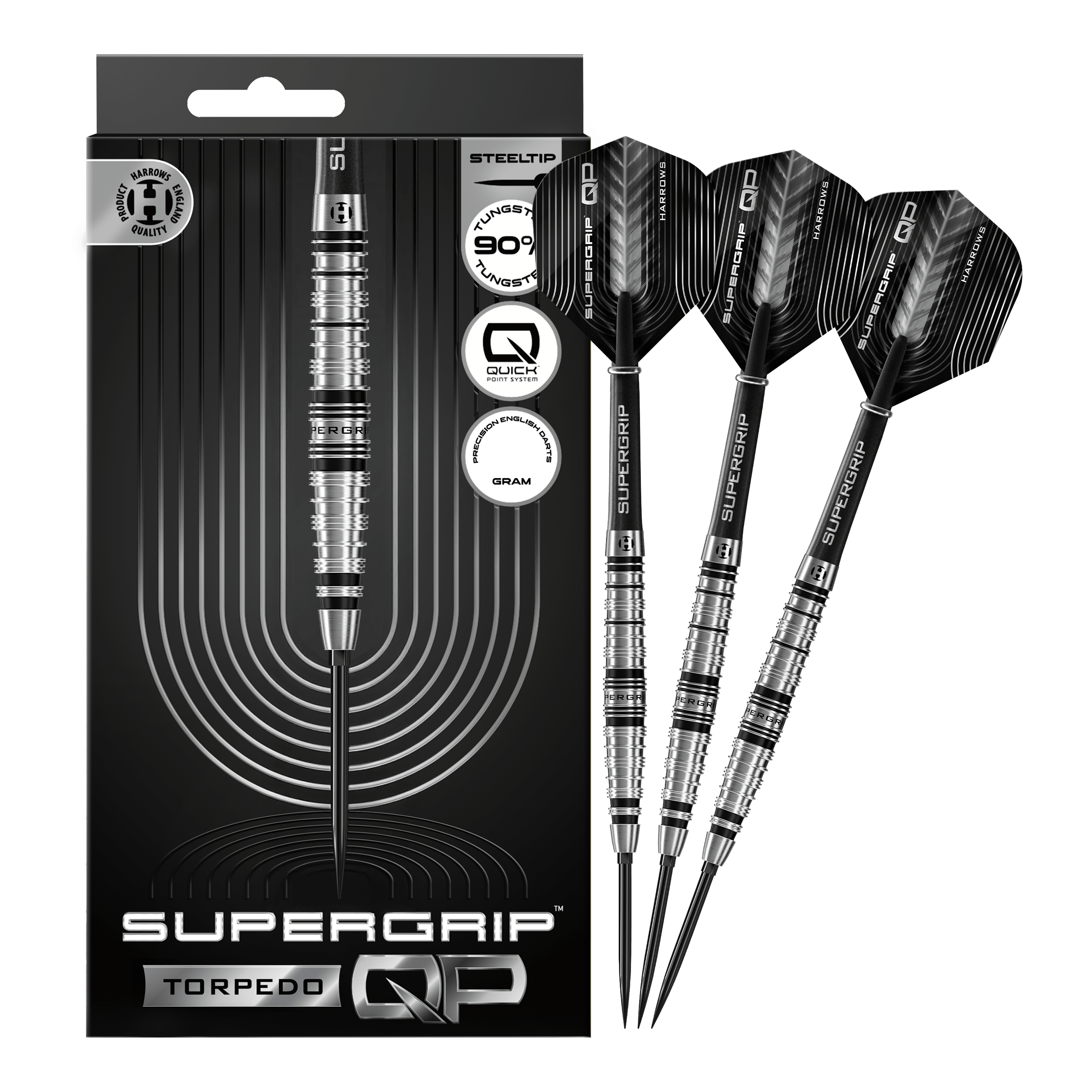 Freccette in acciaio Harrows Supergrip Torpedo Quick Point Abgebildet sind Harrows Supergrip Torpedo Quick Point Steeldarts. Die Steeldarts sind vollständig dargestellt.
