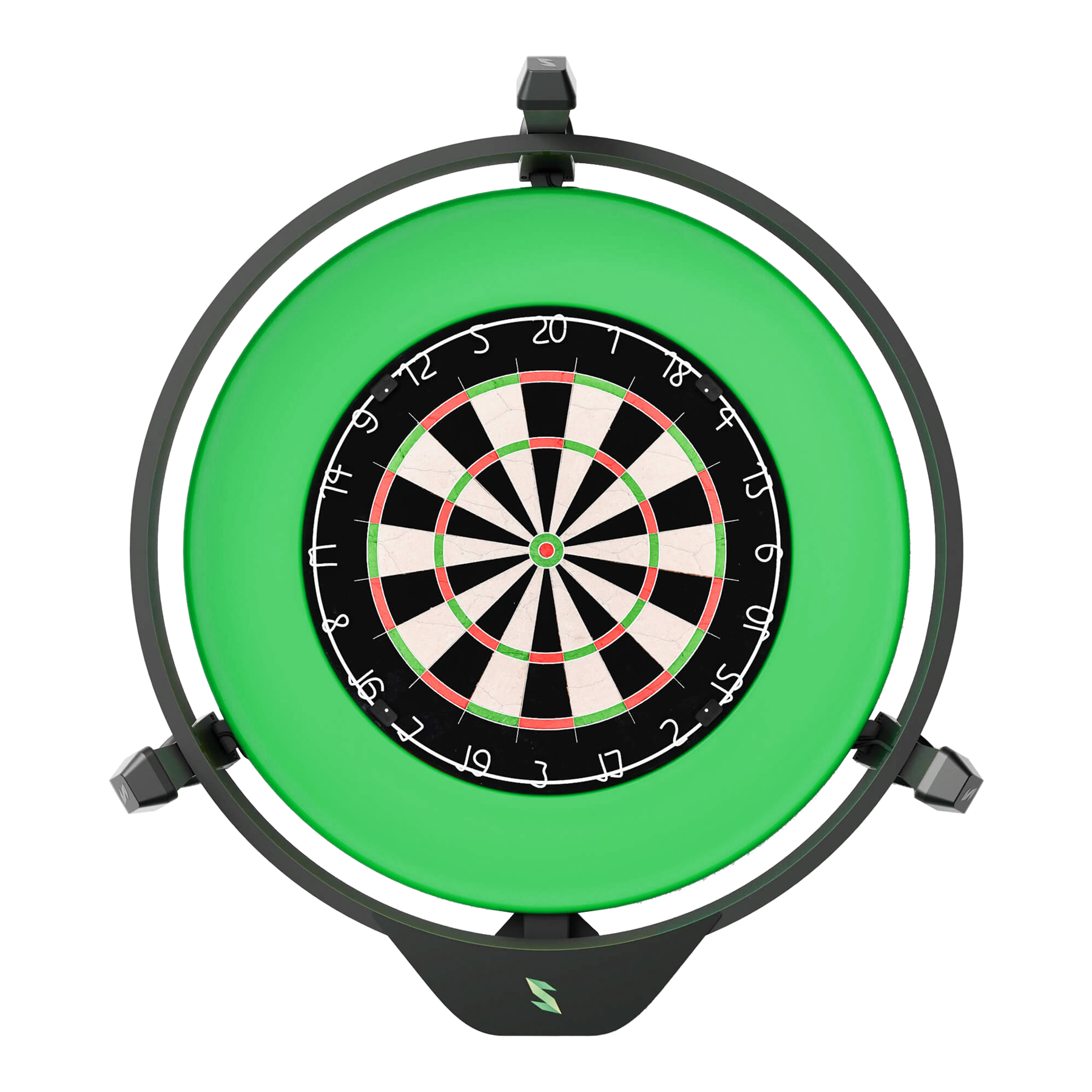 Sistema di punteggio automatico elettronico Scolia Home 2 con anello luminoso 2026 Das Bild zeigt das Produkt "Scolia Home 2 Electronic Score System mit Beleuchtungsring". In der Mitte befindet sich eine Dartscheibe, die von einem grünen Leuchtring umgeben ist.