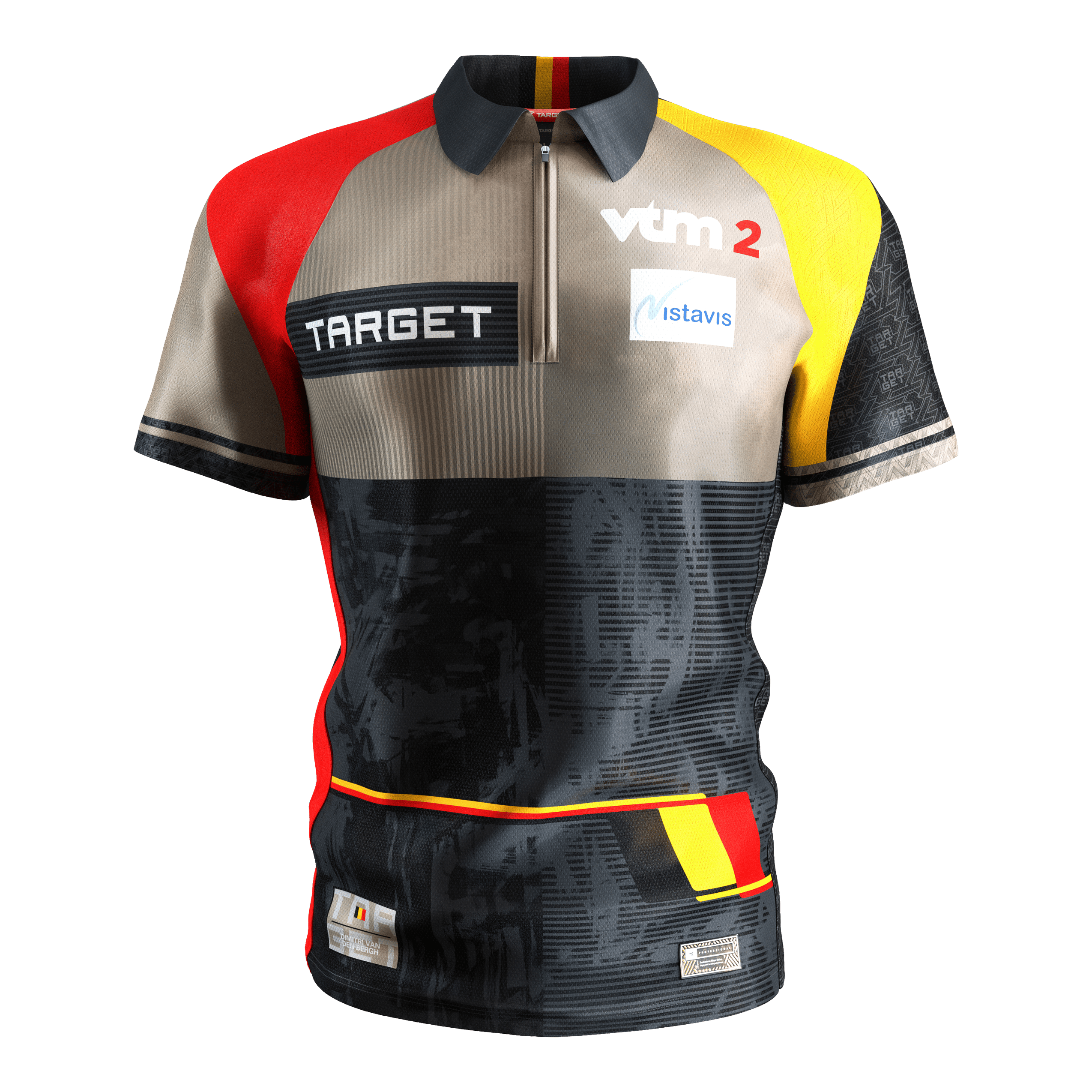 Maglia da freccette Target Coolplay Dimitri Van Den Bergh 2025 Das Bild zeigt das "Target Coolplay Dimitri Van Den Bergh 2025 Dartshirt". Das Shirt ist bunt gestaltet mit den Farben Schwarz, Rot, Gelb und Beige und trägt mehrere Sponsorenlogos.