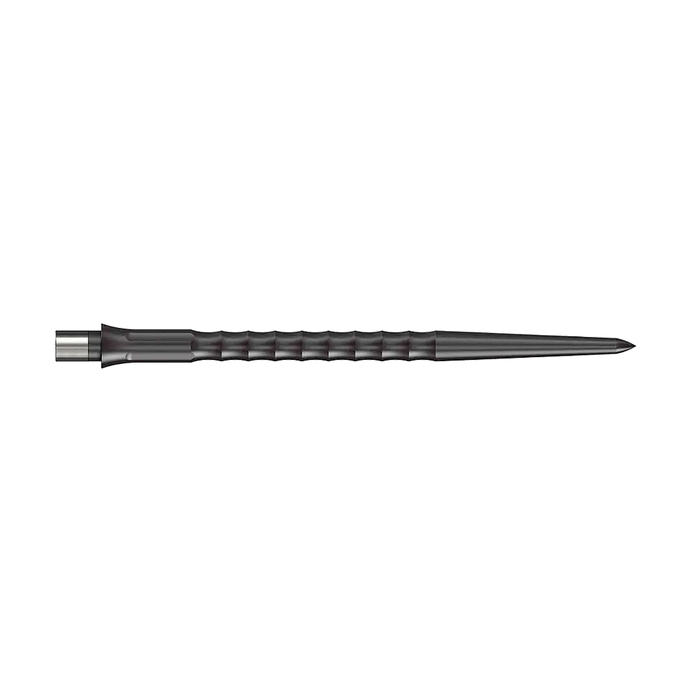 Punte Caliburn System Steeldart - Ripple - NoLip - Nere Das Bild zeigt Steeldartspitzen des Caliburn Evo Systems in Schwarz, 40 mm lang. Zwei Spitzen sind sichtbar, die Oberfläche ist geriffelt ohne Lippe.