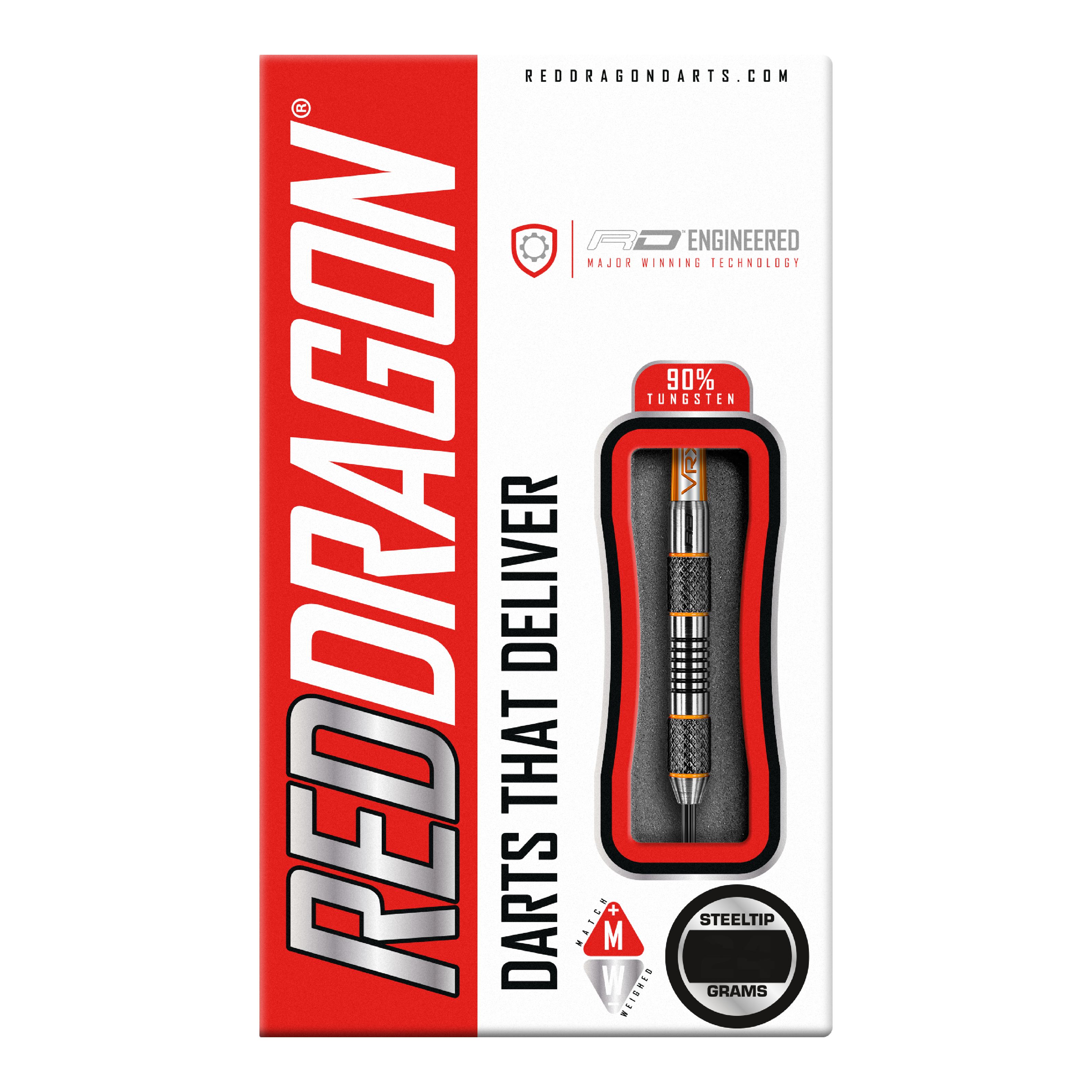 Red Dragon Amberjack 5 freccette in acciaio - 24 g Die Abbildung zeigt die Verpackung der "Red Dragon Amberjack 5 Steeldarts - 24g". Auf der Packung sind ein sichtbarer Dartpfeil und die Aufschrift "Darts That Deliver" zu sehen.