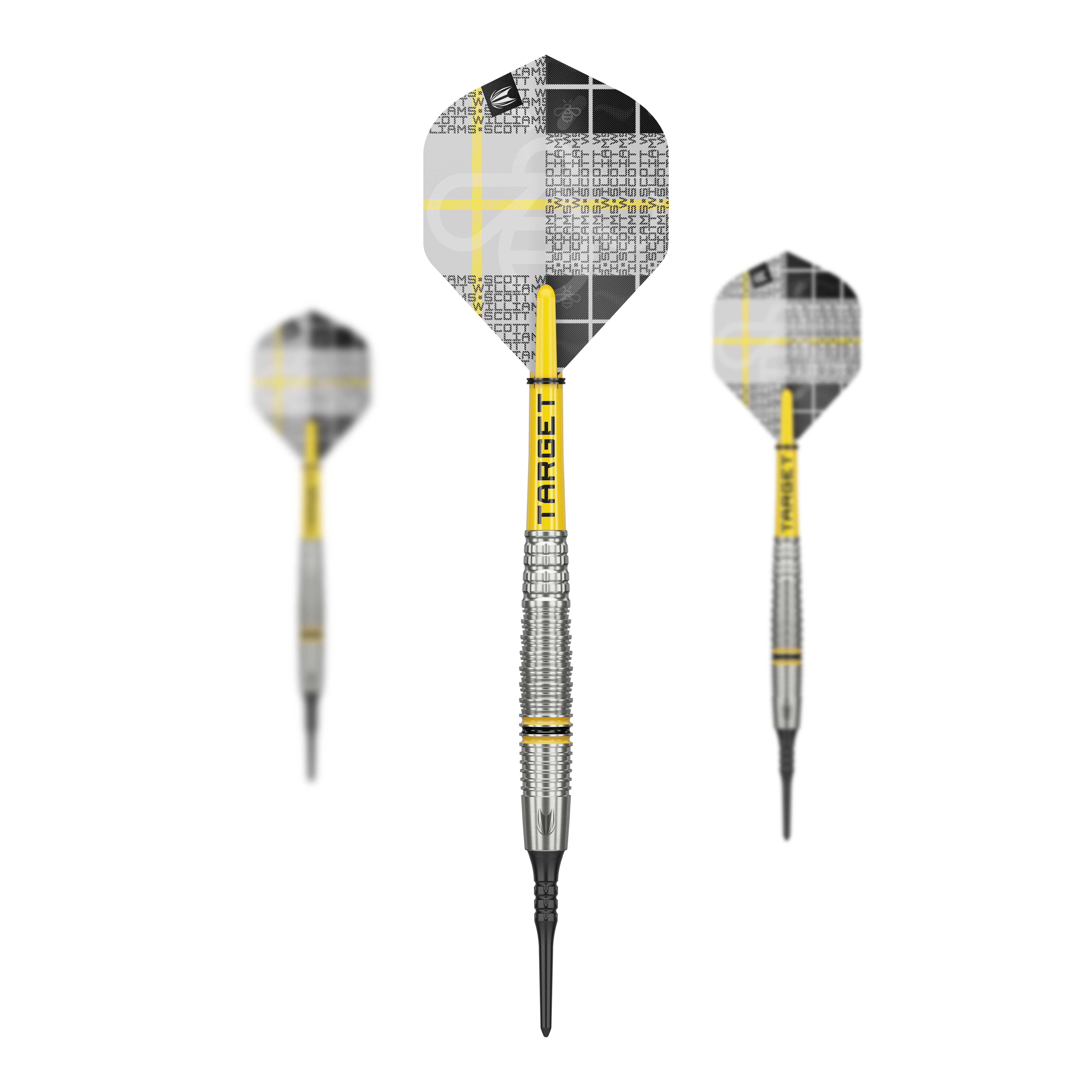 Das Bild zeigt drei Softdarts des Modells "Target Scott Williams GEN2" mit einem Gewicht von 18g. Die Darts haben gelb-silberne Schächte und moderne Flights mit einem schwarz-weißen Muster.