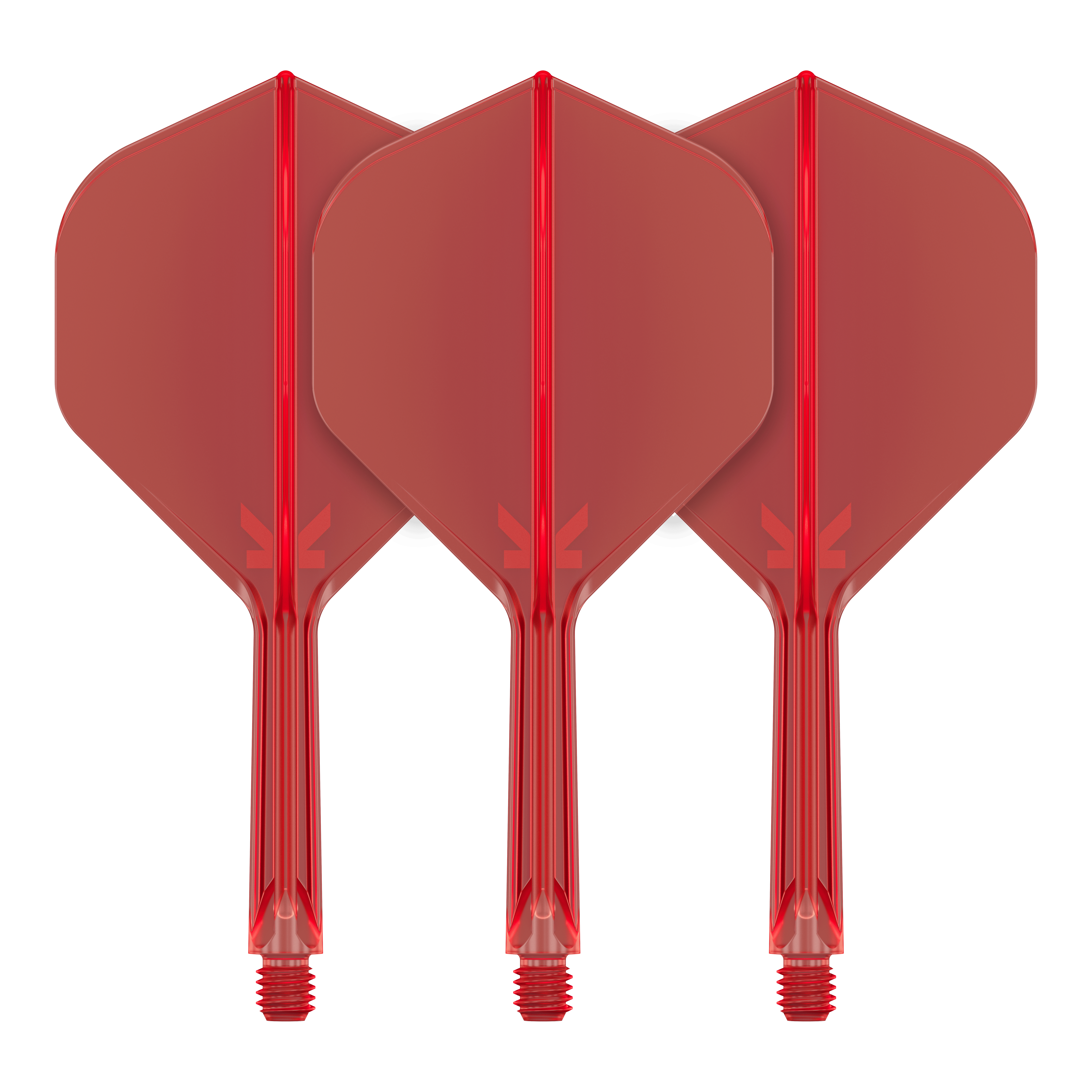 Target K-Flex No2 Standard Flight System - Rosso Auf dem Bild sind drei rote Dartflights mit integrierten Schäften zu sehen. Sie stehen nebeneinander in einer aufrechten Position.