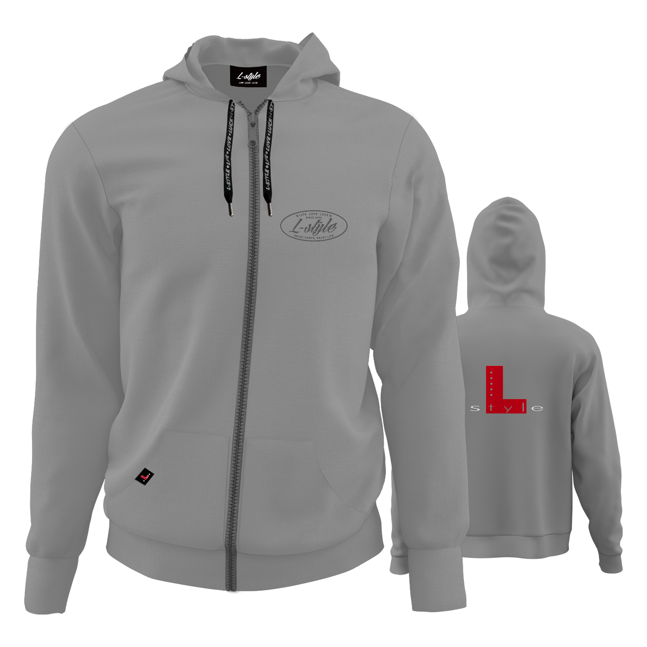 Felpa con cappuccio L-Style - Grigio Der "L-Style Hoodie - Grau" ist ein grauer Kapuzenpullover mit Reißverschluss und schwarzem Kordelzug. Auf der Vorderseite befindet sich ein dezentes Logo, auf dem Rücken ein großes rotes "L" mit dem Schriftzug "style".