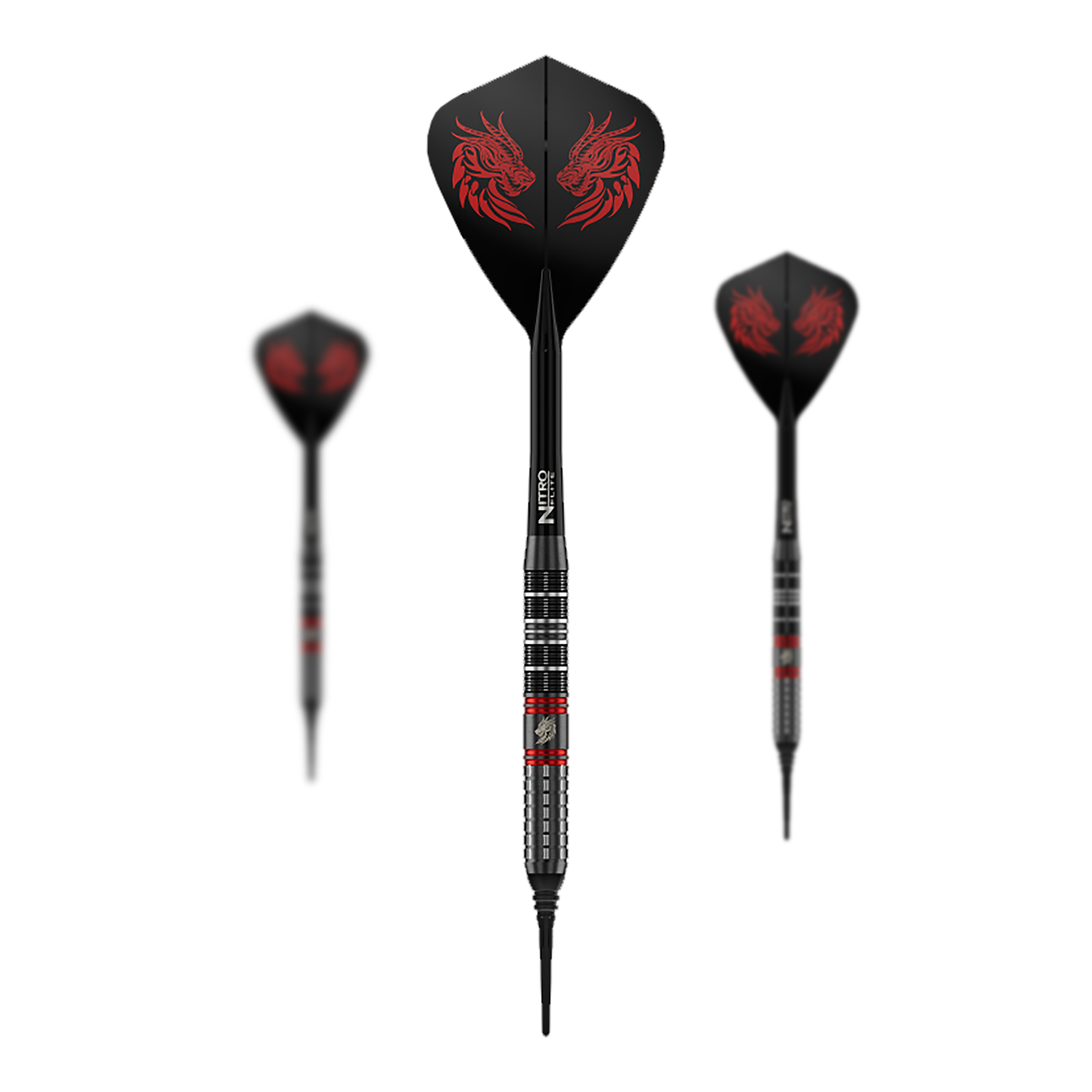 Freccette morbide Red Dragon Jonny Clayton RD-ULTRA - 18 g Zu sehen ist ein Set der Red Dragon Jonny Clayton RD-ULTRA Softdarts mit 18g Gewicht. Die drei Darts haben schwarze, silberne und rote Details und sind nebeneinander platziert.