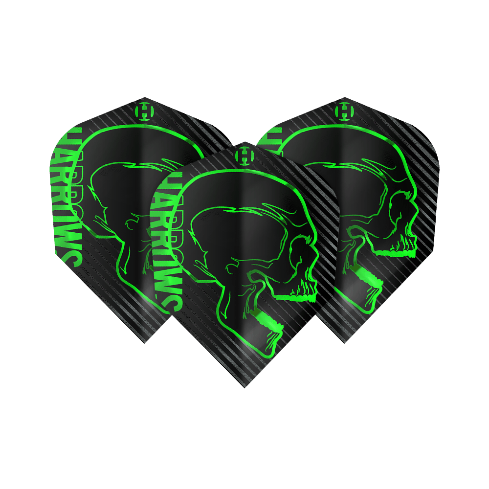 Voli Harrows Rage Green No6 Das Bild zeigt drei schwarze Dart-Flights mit einem grünen Totenkopf-Design und dem Schriftzug "Harrows". Die Flights sind das Modell "Harrows Rage Green No6".