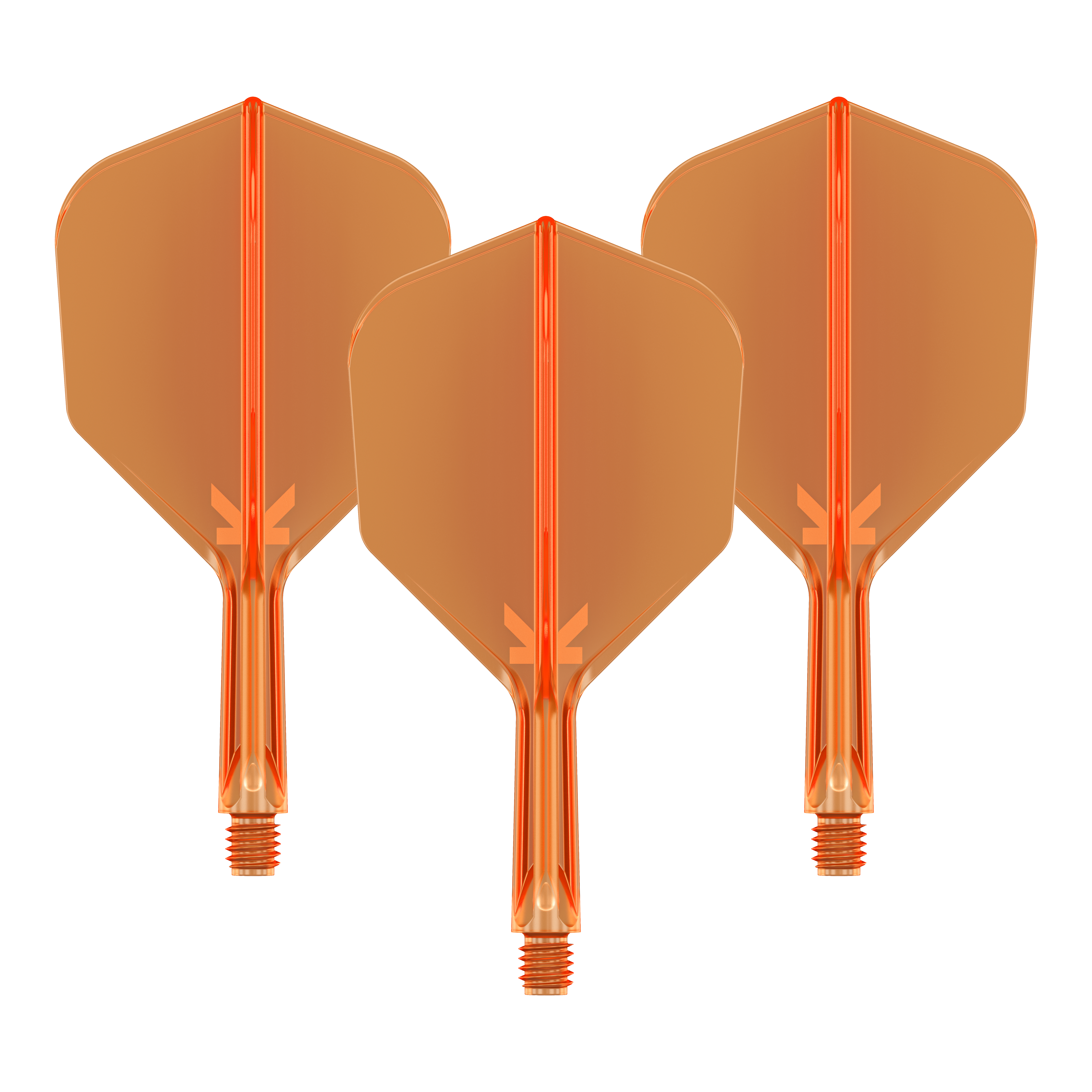 Target K-Flex No6 Flight System - Arancione Neon Auf dem Bild sind drei neonorange Darts-Flights mit Schaft zu sehen. Sie sind nebeneinander angeordnet und haben eine transparente Optik.