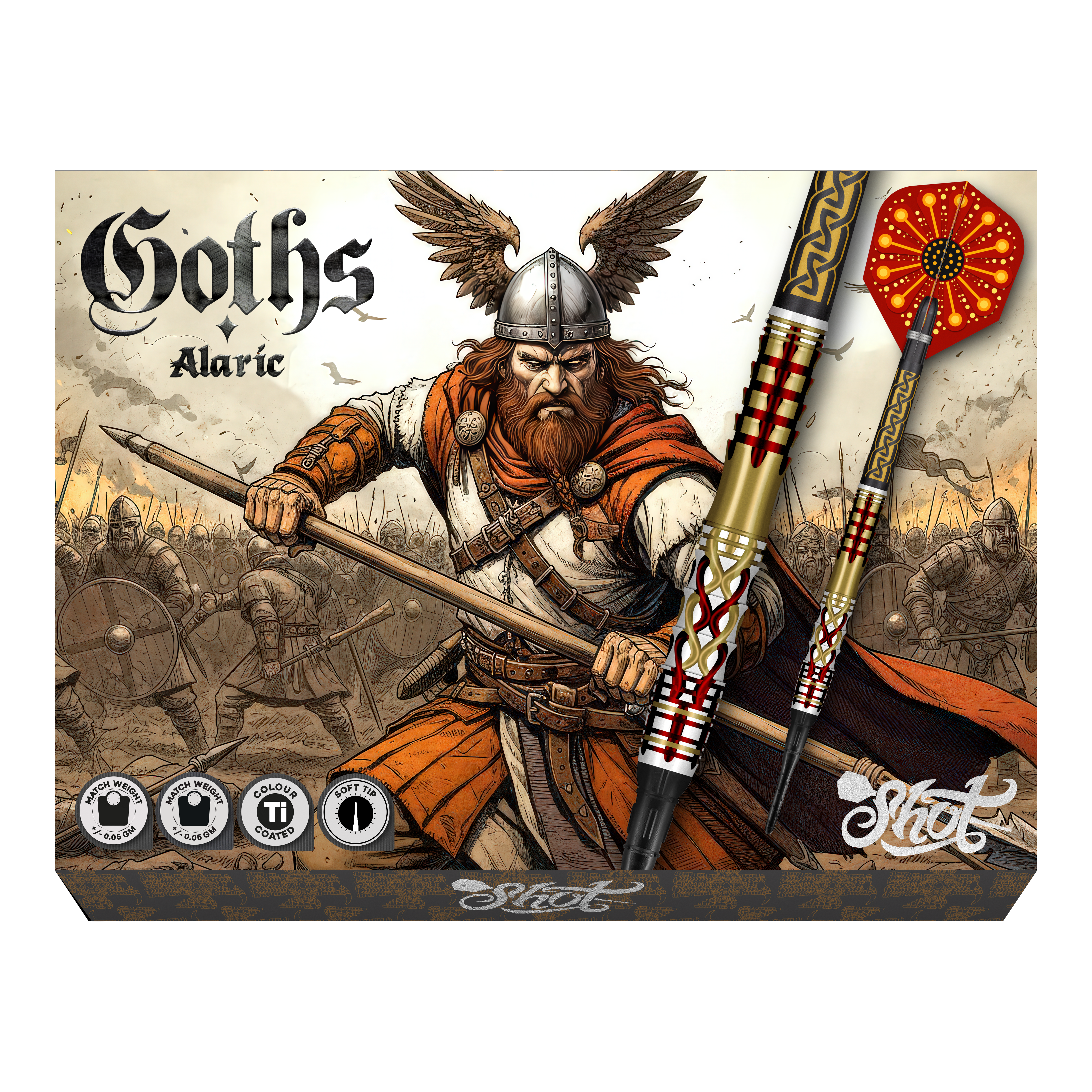 Freccette morbide Shot Goths Alaric - 20 g Abgebildet sind Shot Goths Alaric Softdarts mit einem Gewicht von 20g. Die Darts eignen sich perfekt für das Softdart-Spiel.