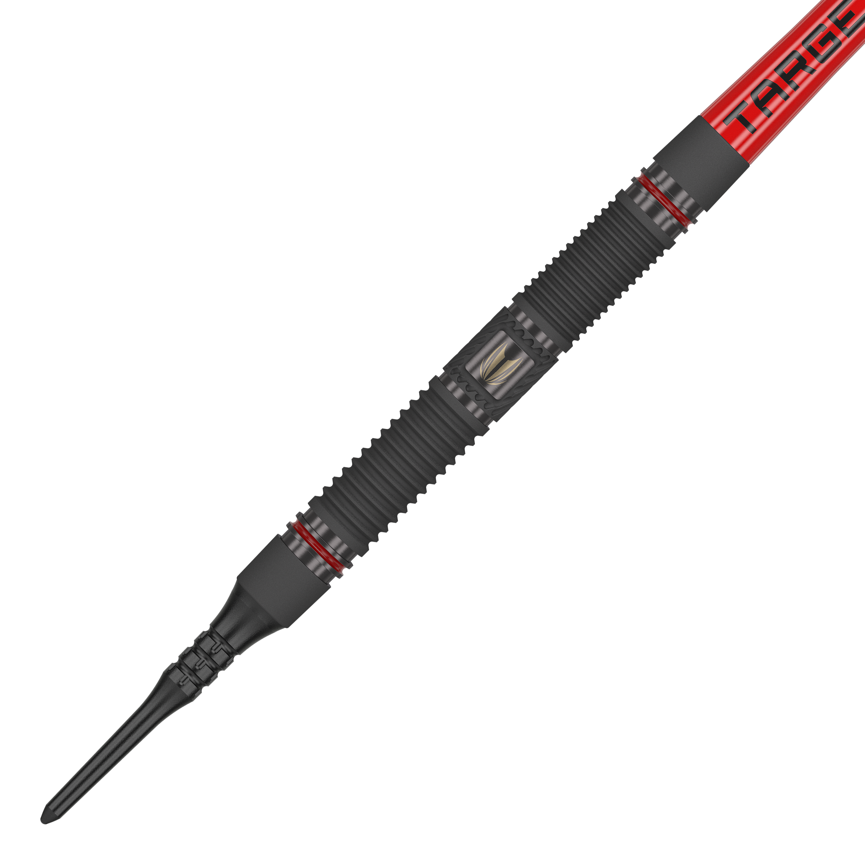 Mirino 10 freccette morbide Das Bild zeigt einen Target Scope 10 Softdart mit einem schwarzen, geriffelten Griff und roten Akzenten. Der Dart hat eine rote Fliege mit der Aufschrift "TARGET".