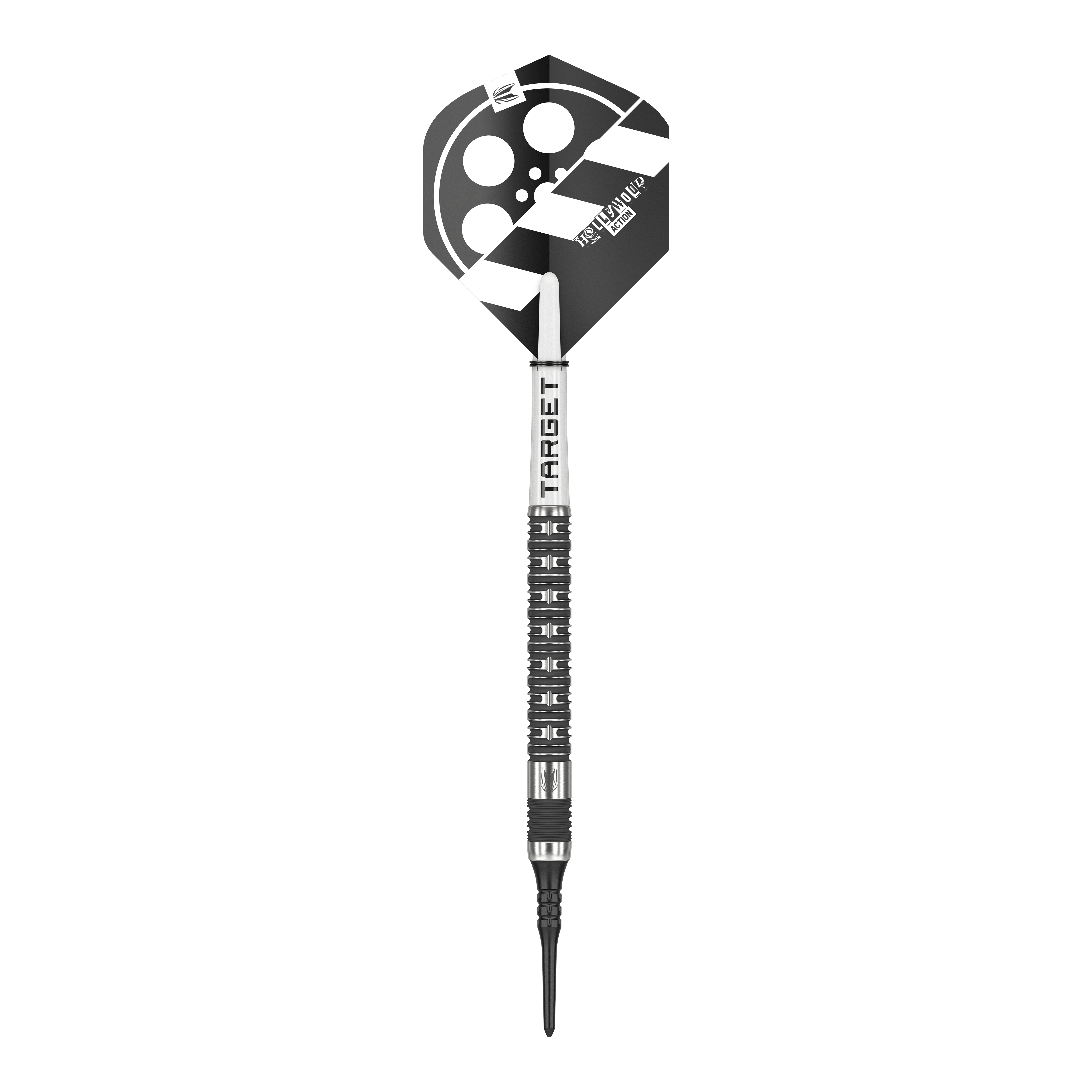 Freccette morbide Target Chris Dobey Hollywood Action - 20 g Das Bild zeigt einen Target Chris Dobey Hollywood Action Softdart mit einem Gewicht von 20g. Der Dart hat ein schwarz-weißes Flight-Design, das an eine Filmklappe erinnert.