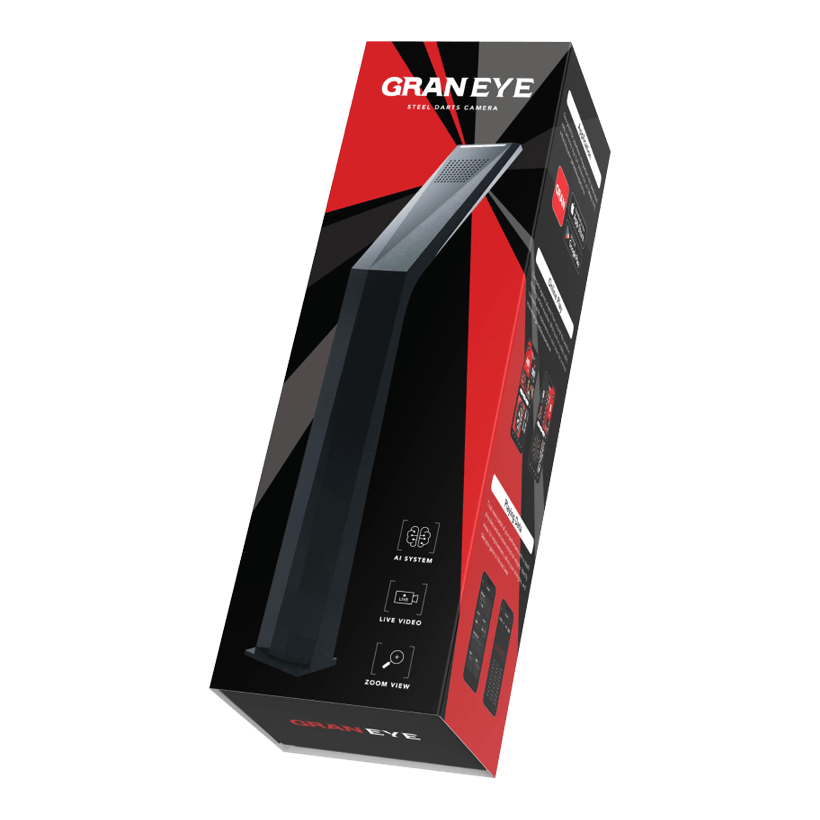 Sistema di punteggio automatico GranDarts Gran Eye GEN2 Steeldart Das Bild zeigt die Verpackung des Produkts "GranDarts GranEye Steeldart Auto-Scoring-System". Auf der Schachtel sind ein Bild des Geräts sowie Hinweise auf Funktionen wie KI-System, Live-Video und Zoom-Ansicht abgebildet.