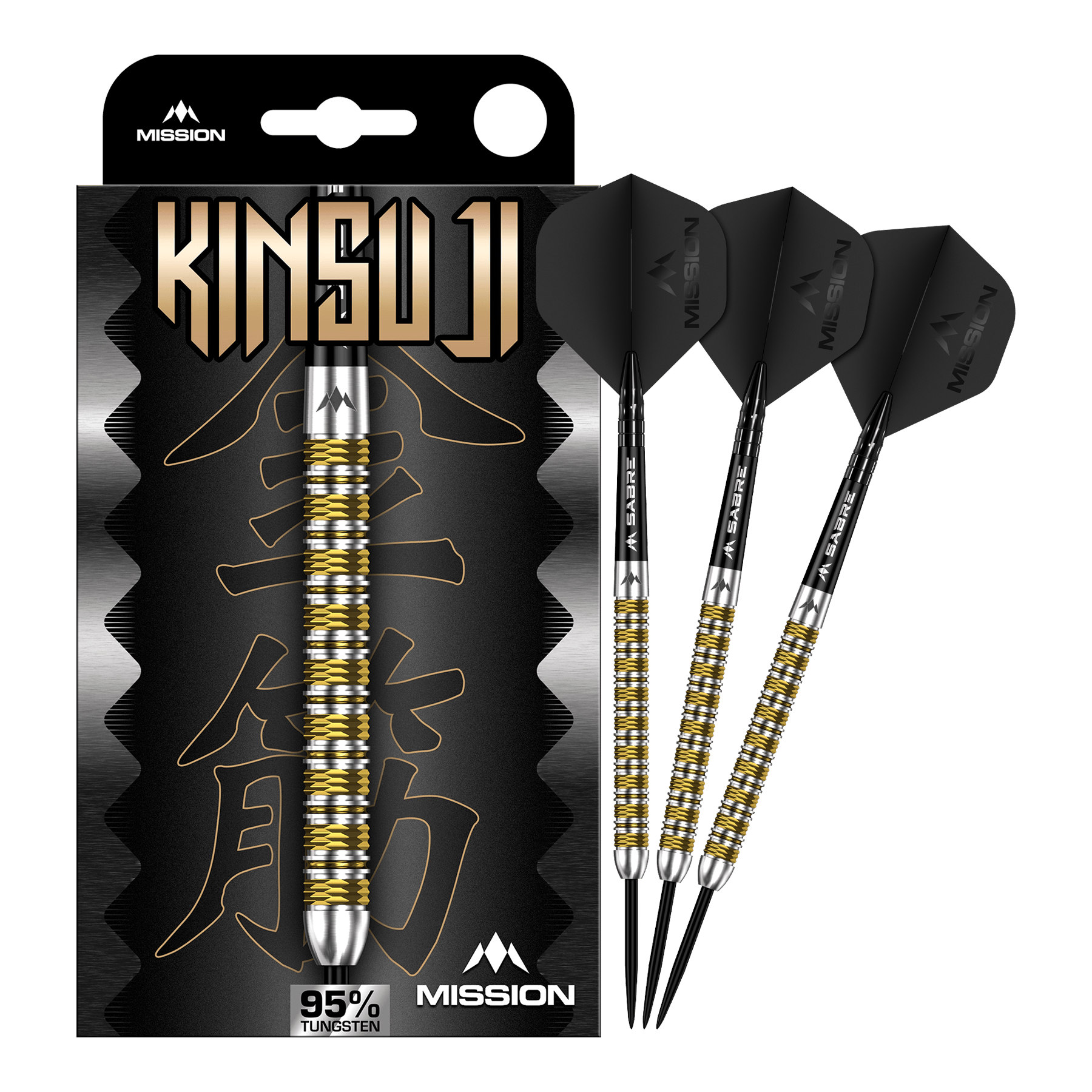 Missione Kinsuji Steeldarts Zu sehen ist ein Satz Mission Kinsuji Steeldarts. Die Dartpfeile sind vollständig dargestellt.