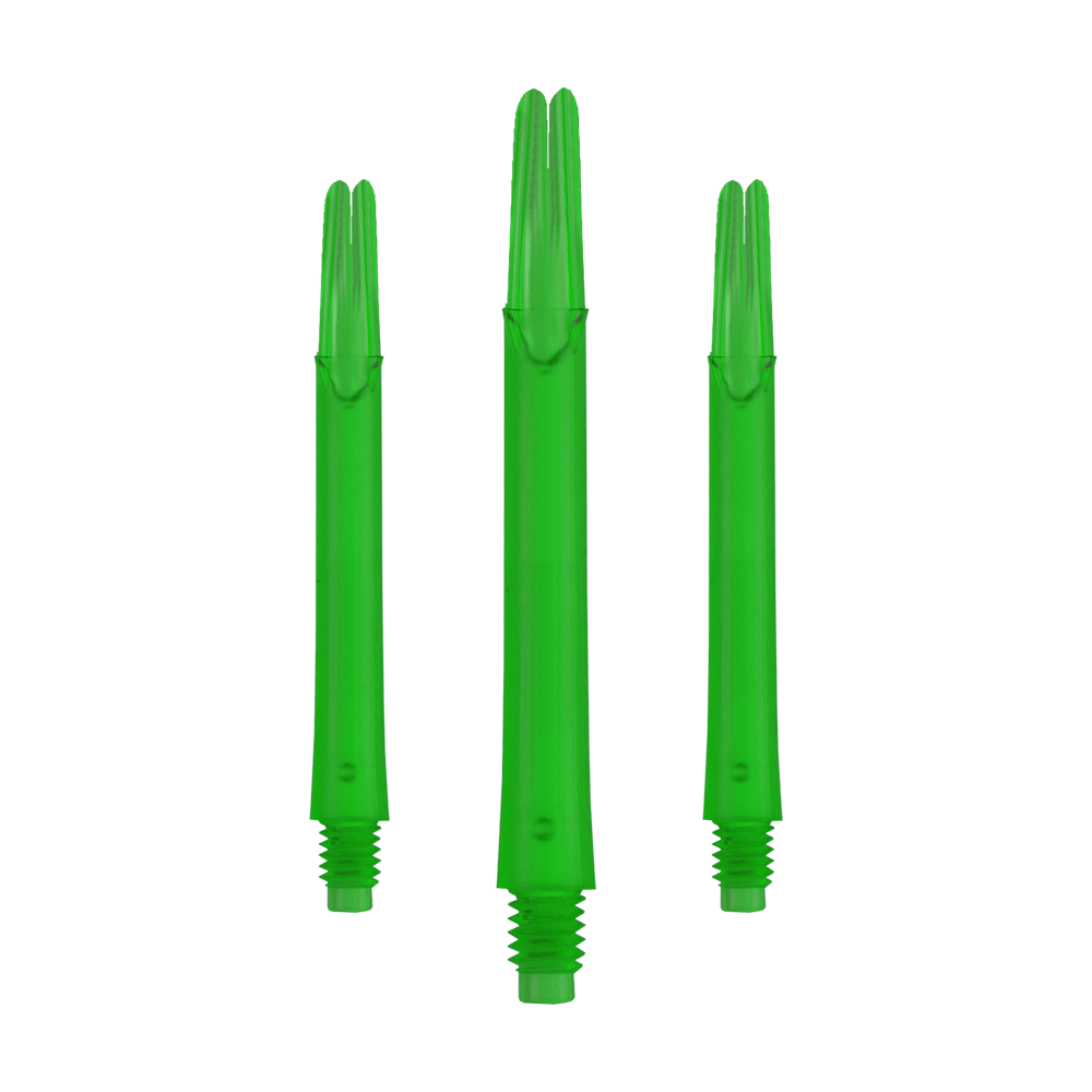 Alberi a L bloccati dritti - Verde Auf dem Bild sind drei grüne, gerade Dartschäfte zu sehen. Sie sind jeweils unten mit einem Gewinde versehen und stehen nebeneinander.