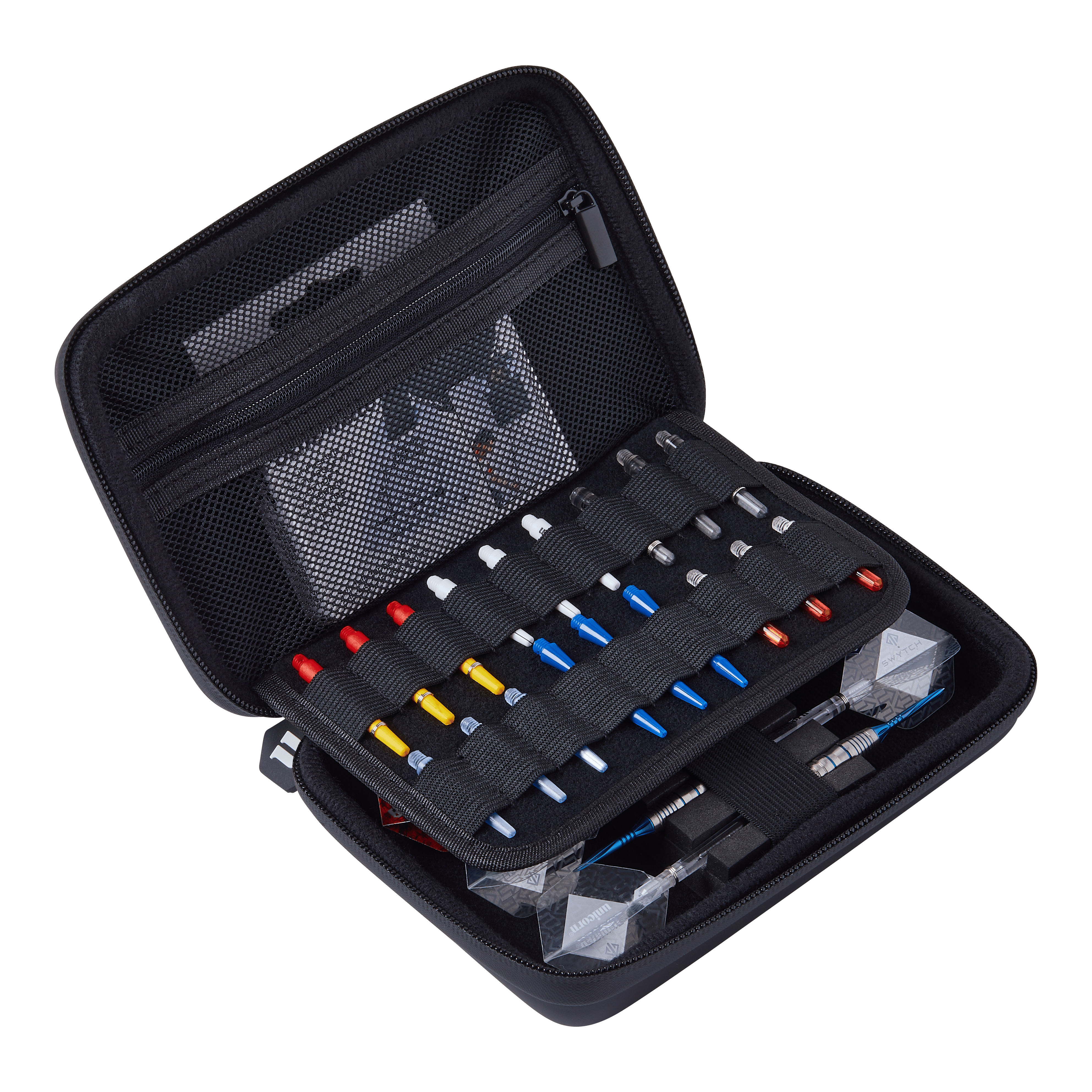 Custodia per freccette Unicorn Ultra 3UP Medium - Nero Das Bild zeigt das Produkt "Unicorn Ultra 3UP Medium Dartcase - Schwarz". Das Dartcase ist geöffnet und ordentlich mit verschiedenen Dartzubehörteilen und Darts bestückt.