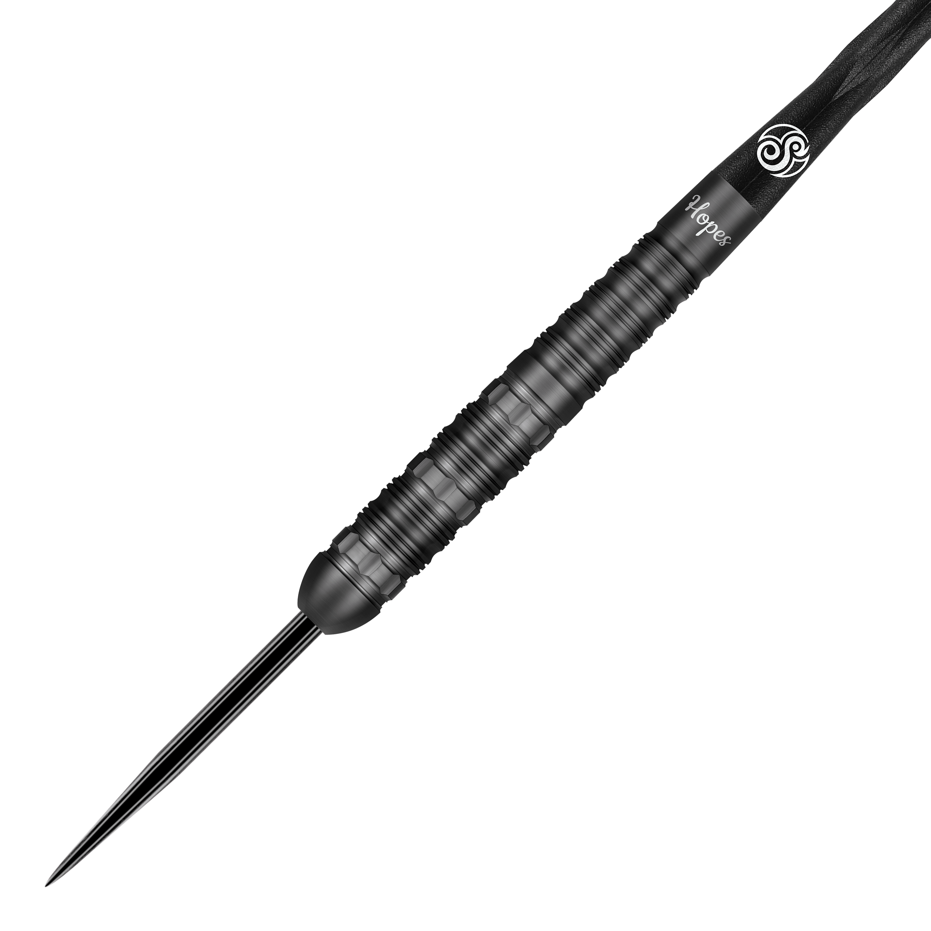 Shot Pro-Series Haupai Puha 2 freccette in acciaio - 24 g Das Bild zeigt einen schwarzen Steeldart aus der Shot Pro-Series Haupai Puha 2 mit 24 Gramm Gewicht. Der Dartpfeil hat ein modernes, geriffeltes Design für besseren Halt.