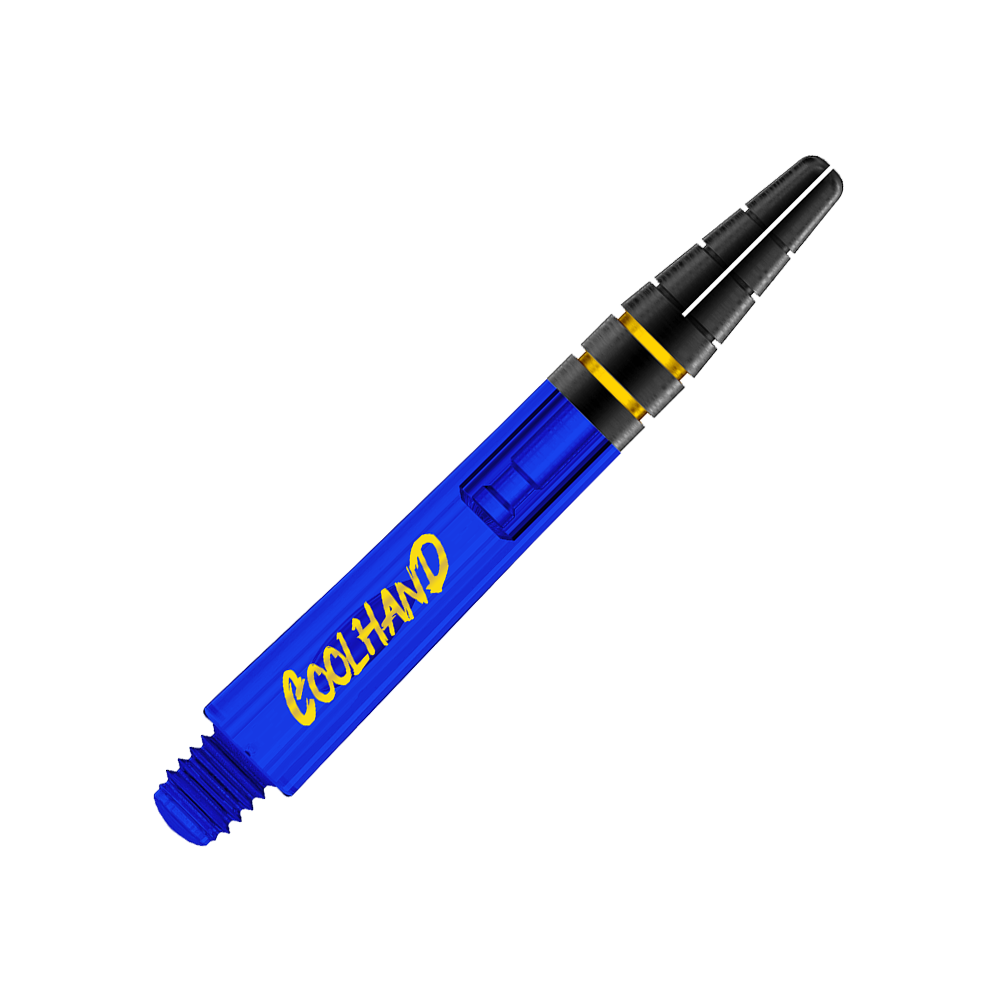 Alberi Red Dragon Nitrotech Luke Humphries Coolhand - Blu Das Bild zeigt einen blauen Dart-Schaft mit der Aufschrift "COOLHAND" in gelber Schrift. Der Schaft hat am oberen Ende schwarze und gelbe Akzente.