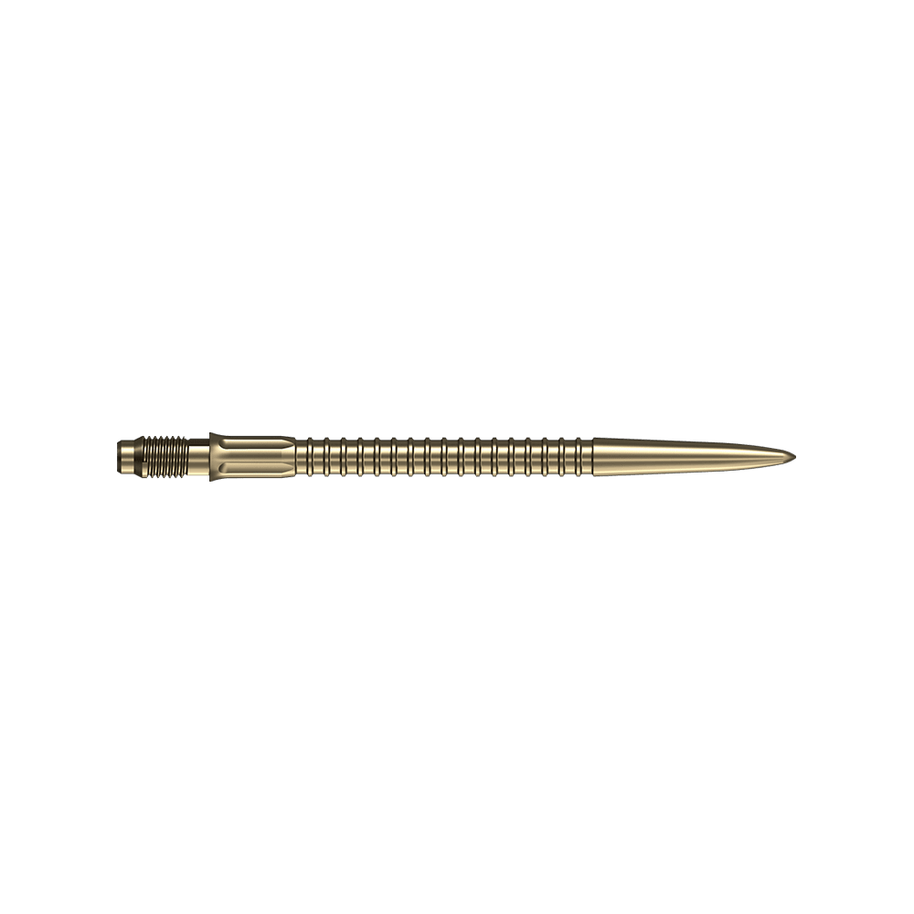 Punte per freccette Mission R2.5 Rapid Point GV1 - Oro Mehrere goldene Dartspitzen mit einer Länge von 35mm sind dargestellt. Sie eignen sich als Ersatzteile für Dartfans.