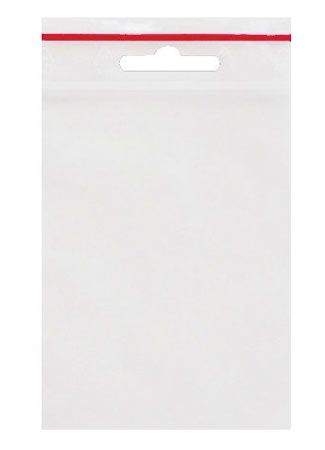 bt51890068b19ff Das Bild zeigt eine durchsichtige Plastiktüte mit Euroloch und rotem Verschlussstreifen. Die Tüte hat die Größe 150x100 mm und eignet sich zum Aufhängen von Produkten.