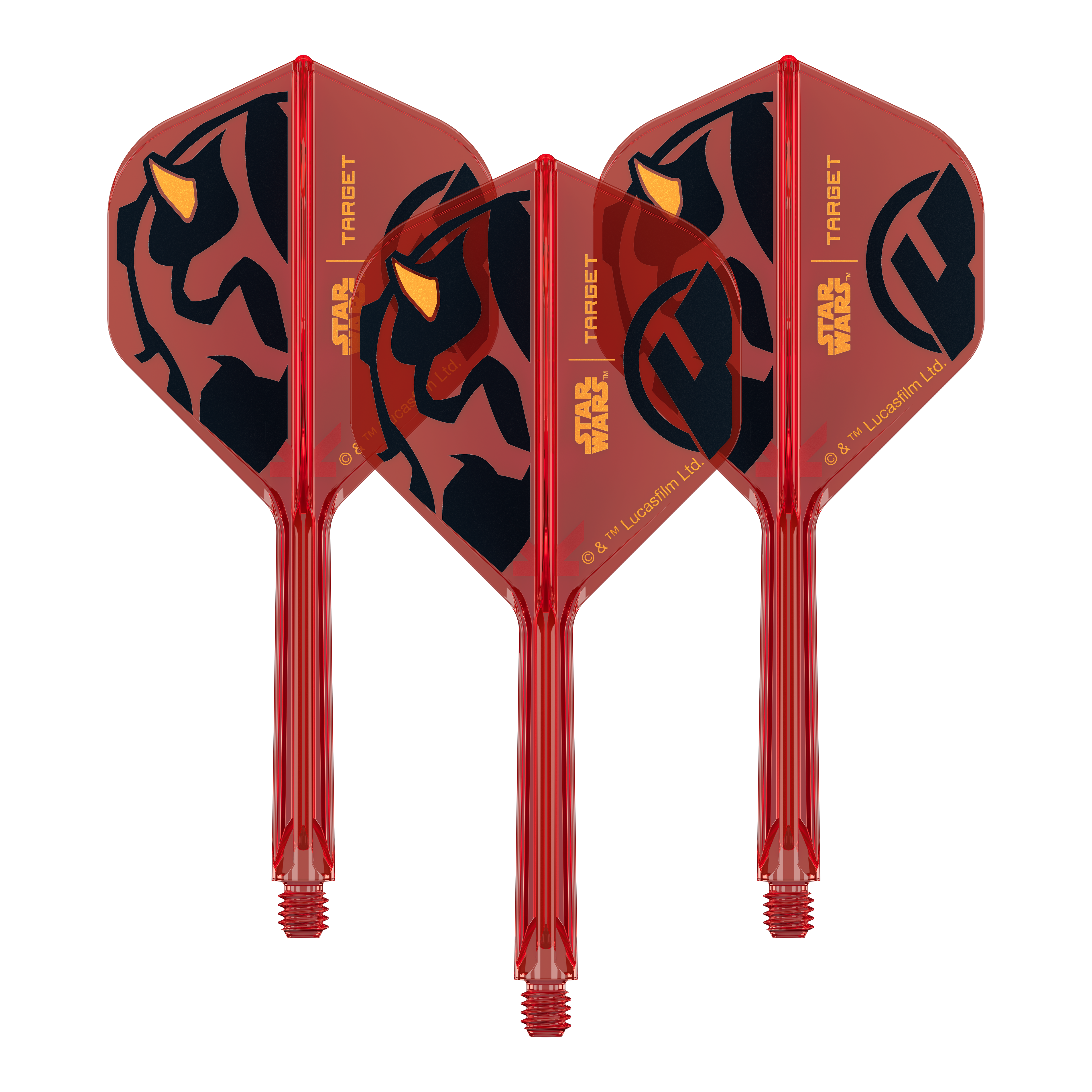 Alette standard Target Star Wars K-Flex Darth Maul No2 Ein Set von Dart-Flights der Star Wars KFlex Darth Maul No2 Serie ist zu sehen. Die Flights sind mittellang und 33 mm groß.