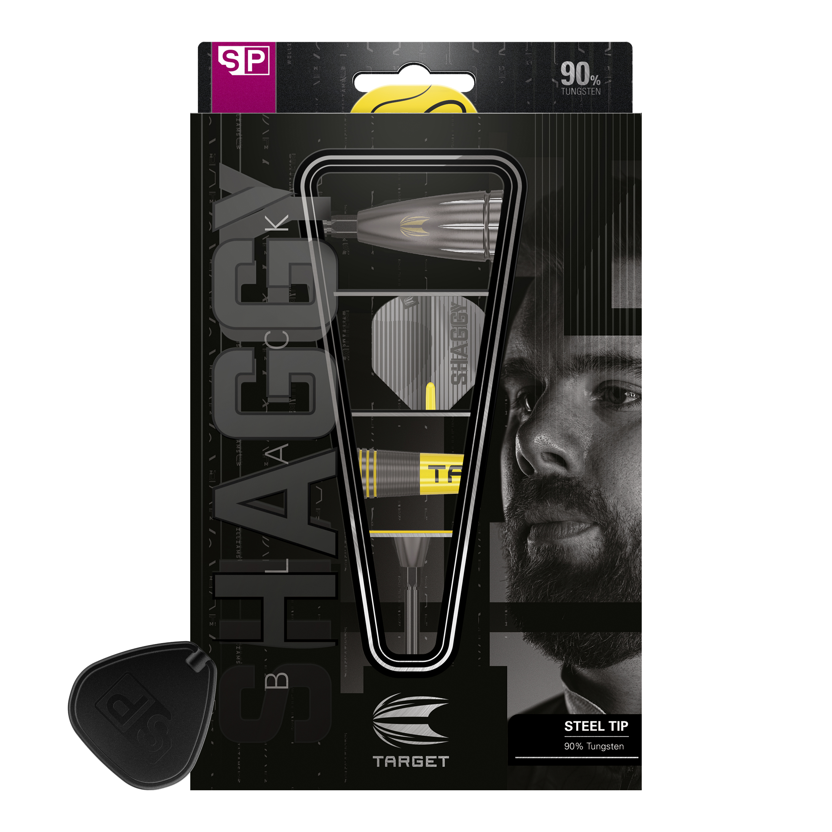 Freccette in acciaio Target Scott Williams Shaggy Black Swiss Point Das Bild zeigt die Verpackung der "Target Scott Williams Shaggy Black Swiss Point Steeldarts". Auf der Verpackung sind ein abgebildeter Dartpfeil sowie das Gesicht eines Mannes zu sehen.