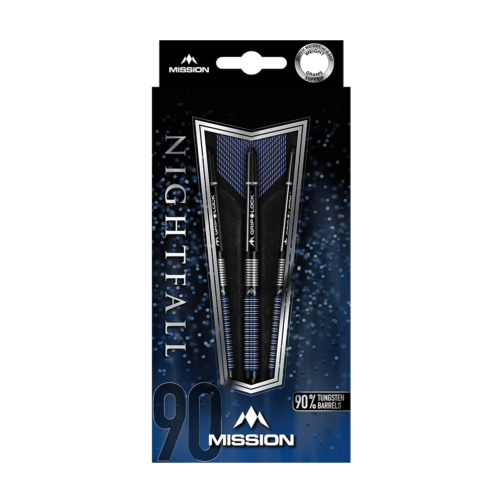 Freccette morbide Mission Nightfall Model 1 Das Bild zeigt die Verpackung der "Mission Nightfall Model 1 Softdarts". Die Darts bestehen zu 90 % aus Tungsten und sind auf einem dunkelblauen Hintergrund präsentiert.