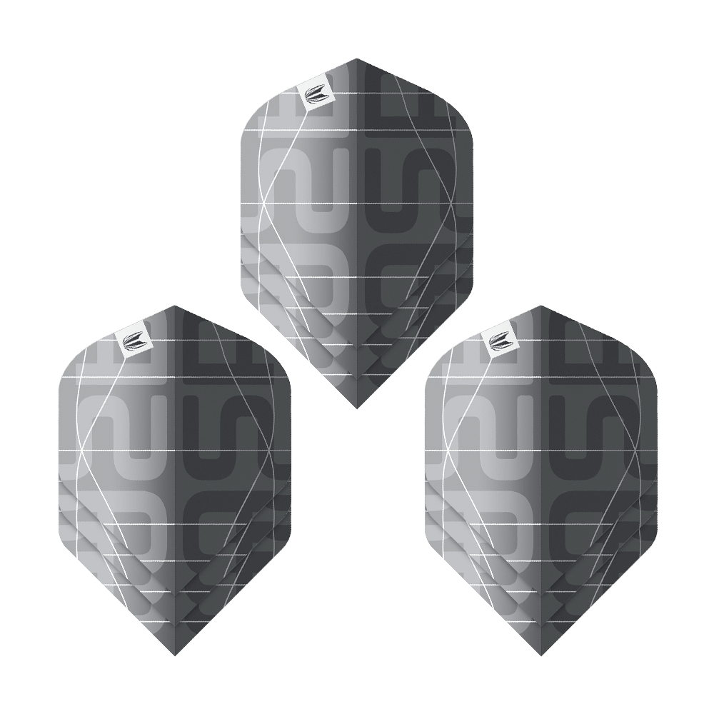 Target Pro Ultra Aspinall X Echo No2 Standard Flights - 3 set Das Bild zeigt drei schwarze und graue Dartflights mit modernem Muster. Es handelt sich um das Produkt "Target Pro Ultra Aspinall X Echo No2 Standard Flights - 3 Sets".