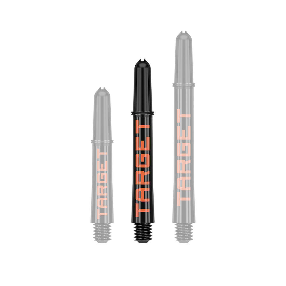 Aste Target Pro Grip TAG - 3 set - Nero Arancione Auf dem Bild sind drei schwarze Dartschäfte in unterschiedlicher Länge zu sehen. Auf jedem Schaft steht in orangefarbenen Buchstaben das Wort "TARGET".