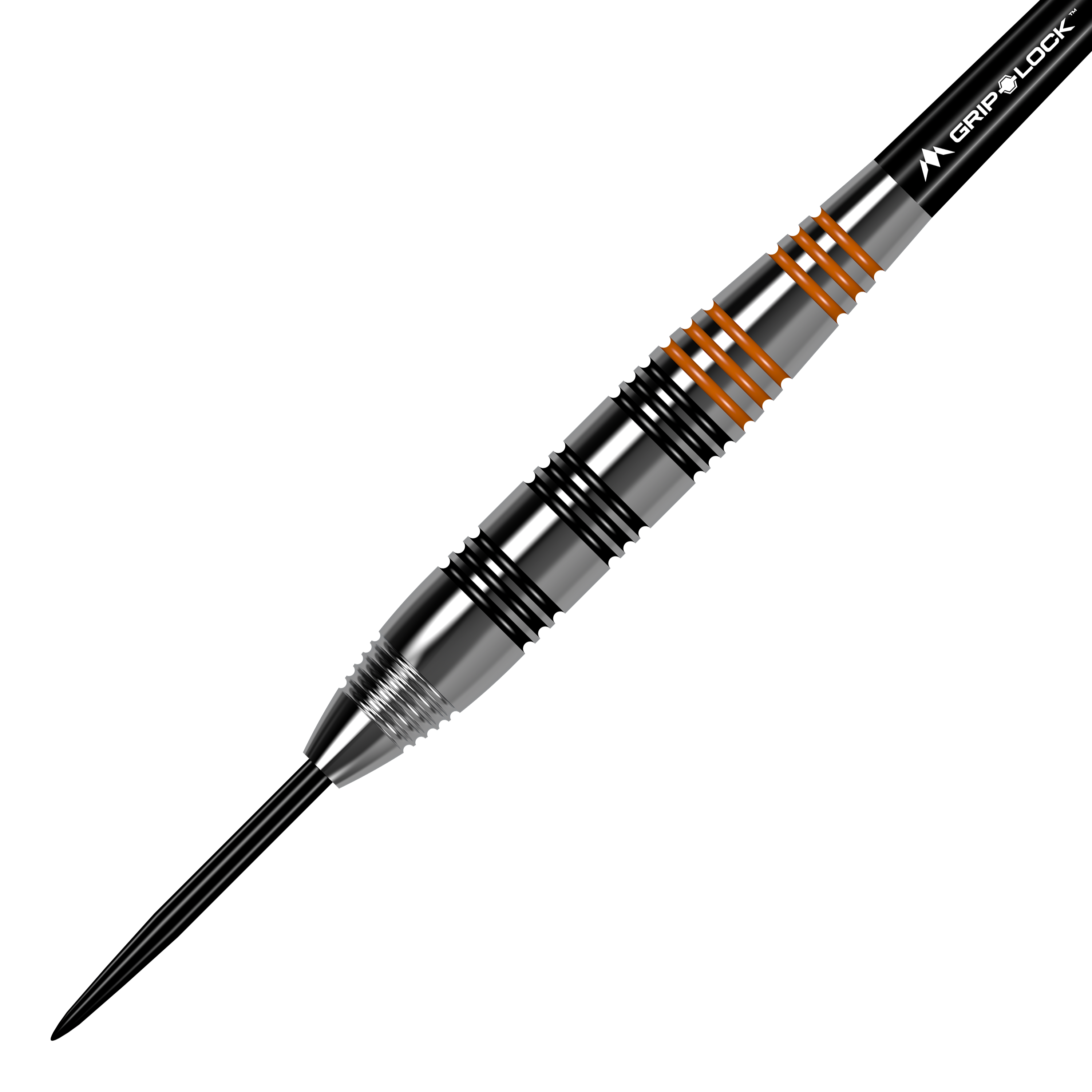 Freccette Mission Javan in ottone e acciaio - 22 g Das Bild zeigt einen Mission Javan Brass Steeldart mit einem Gewicht von 22 Gramm. Der Dart hat silberne und schwarze Rillen sowie einige orangefarbene Ringe am Griff.