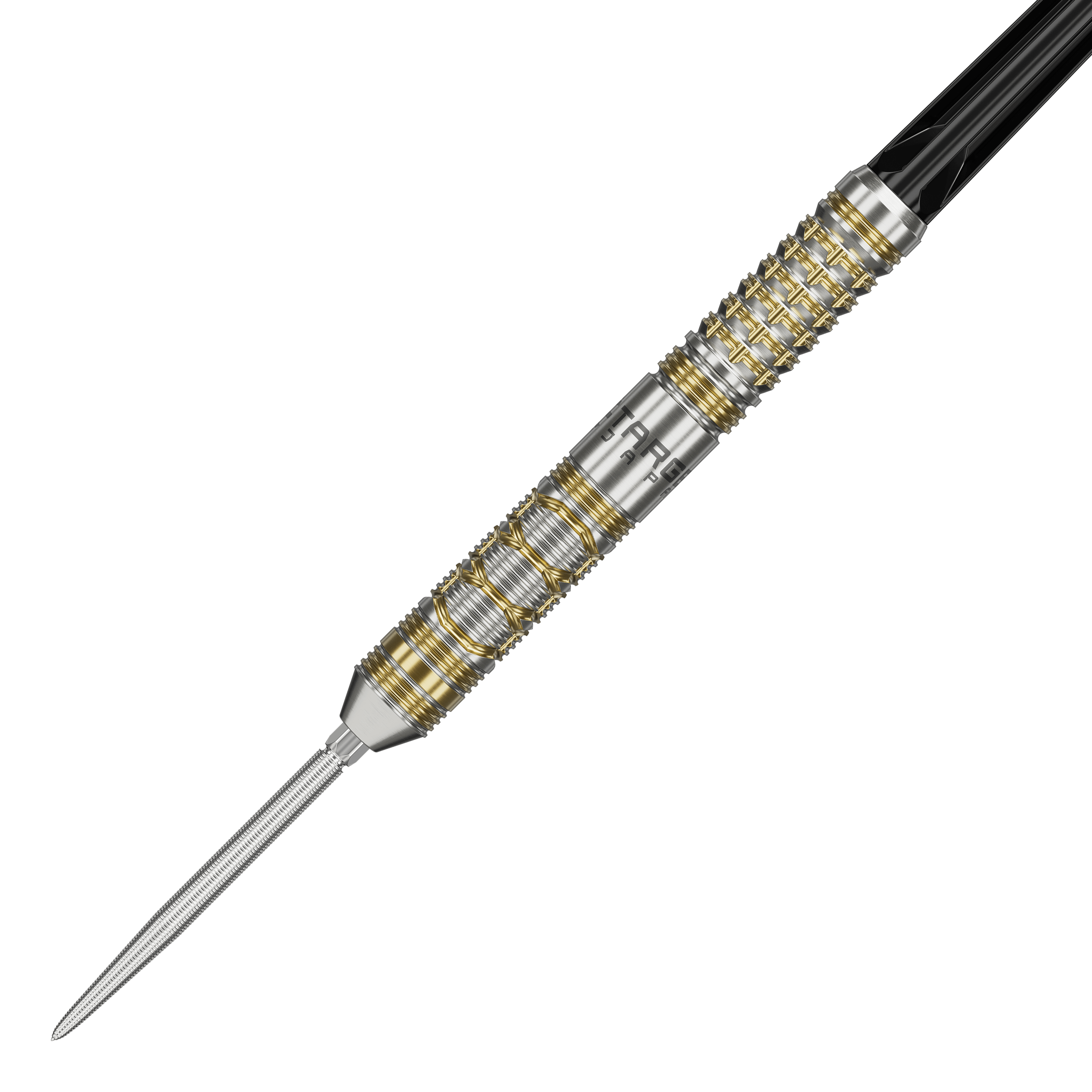 Freccette in acciaio Target Japan Black Marque Reyn GEN2 Das Bild zeigt einen eleganten Steeldart mit silbernen und goldenen Akzenten. Es handelt sich um das Produkt "Target Japan Black Marque Reyn GEN2 Steeldarts".
