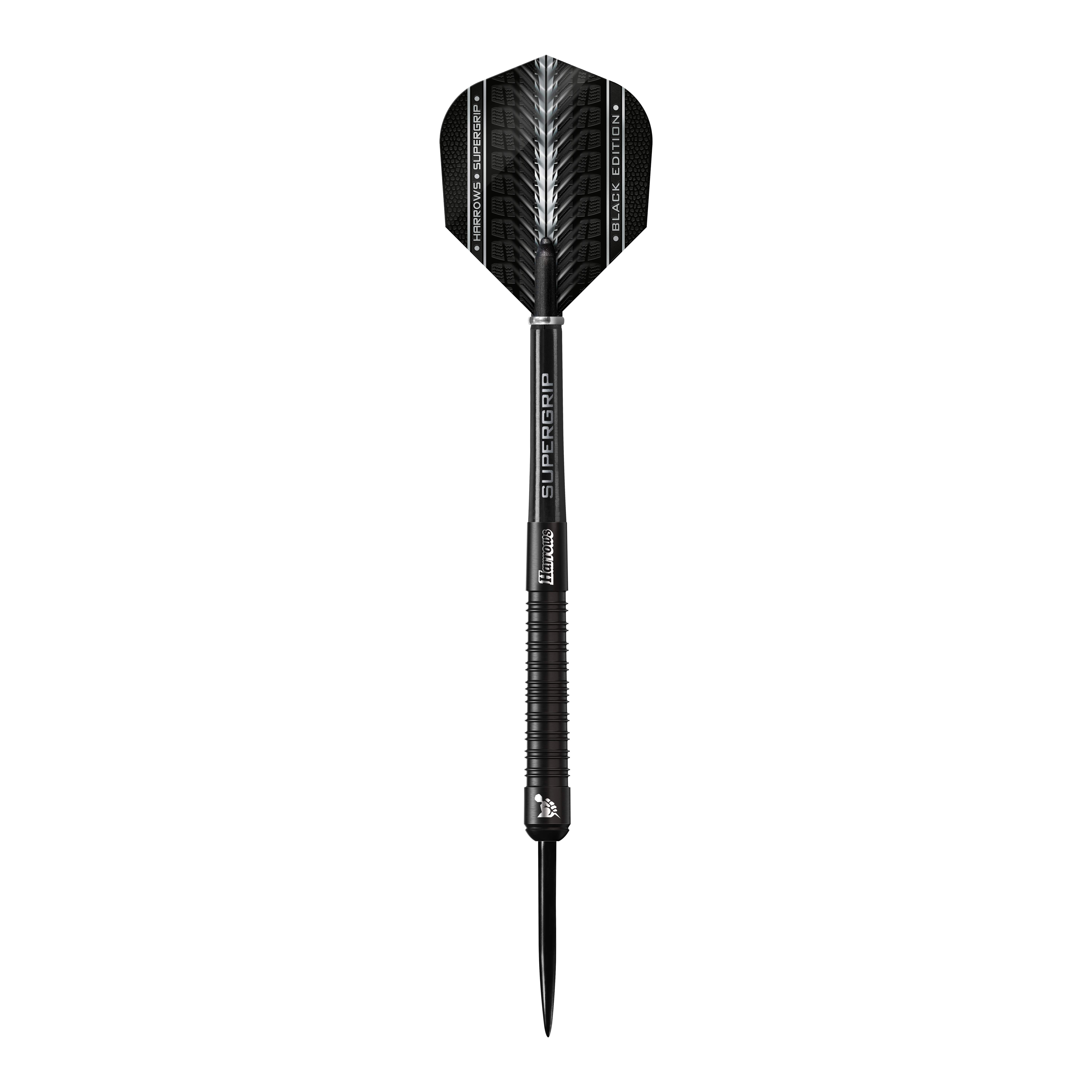 Freccette in acciaio Harrows Supergrip Black Edition Das Bild zeigt einen schwarzen Steeldart der Marke Harrows Supergrip Black-Edition. Der Dart hat ein elegantes, komplett schwarzes Design mit feinen silbernen Akzenten.