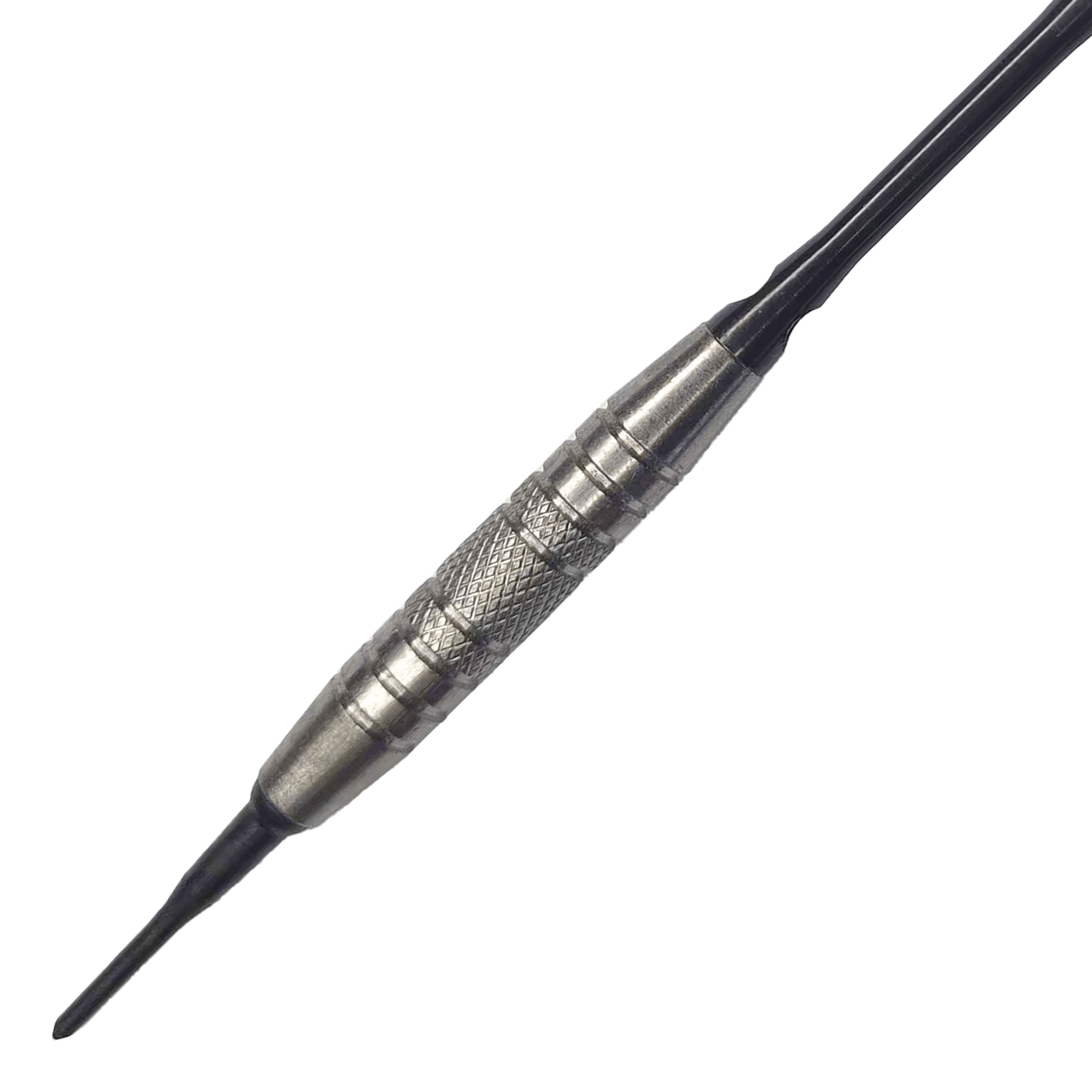 Freccette morbide McDart 85 Tungsten V6 - 16 g Das Bild zeigt einen Softdart namens "McDart 85er Tungsten V6" mit einem Gewicht von 16 Gramm. Der Dart hat einen silbernen, strukturierten Griffbereich für besseren Halt.