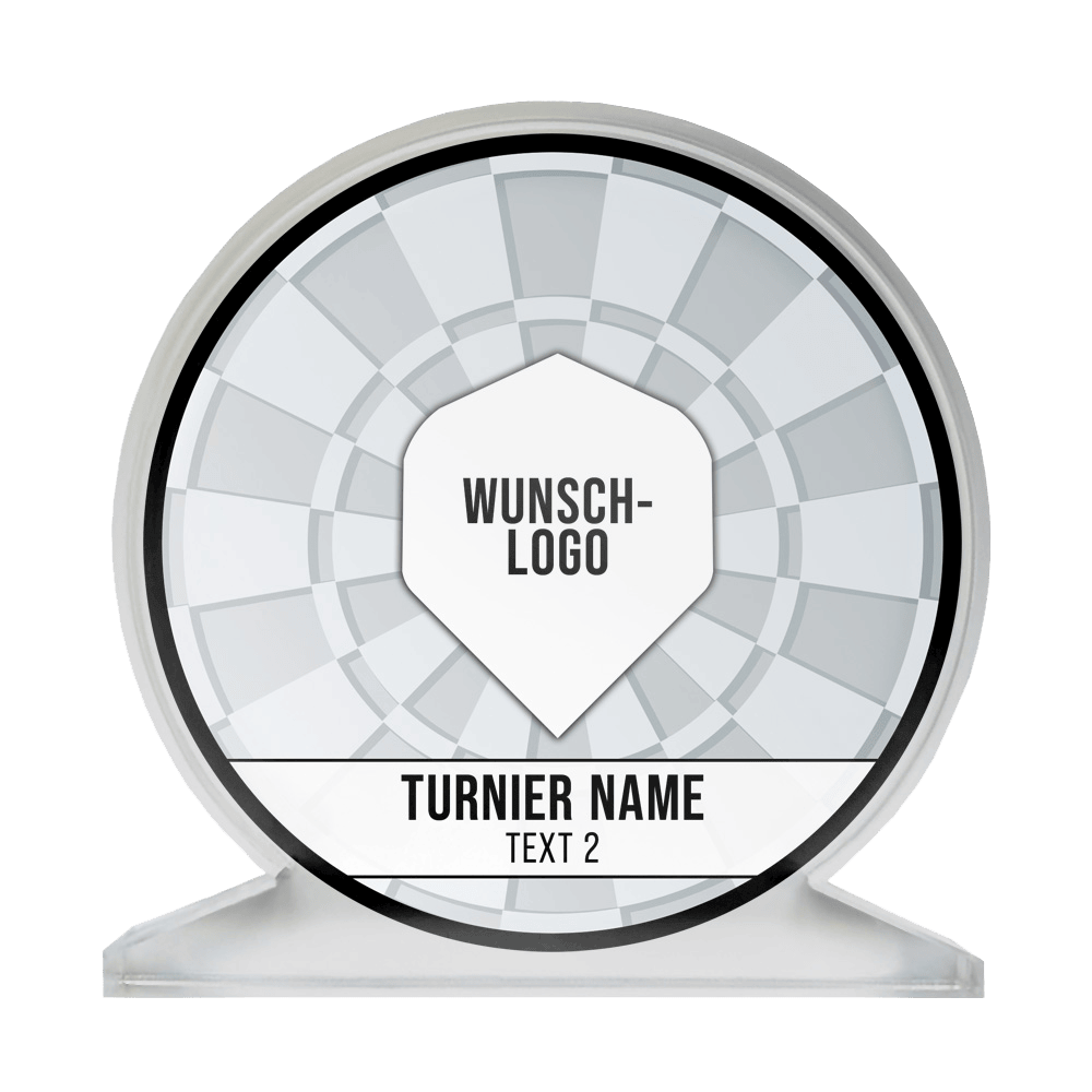 ACP-Weiss_Acrylglas_Pokal_mit_Wunschdruck_Logo_Weiss_1 Dies ist ein runder Acrylglas-Pokal mit einem modernen, geometrischen Design. In der Mitte steht "WUNSCH-LOGO" und darunter ist Platz für den Turniernamen und weiteren Text.