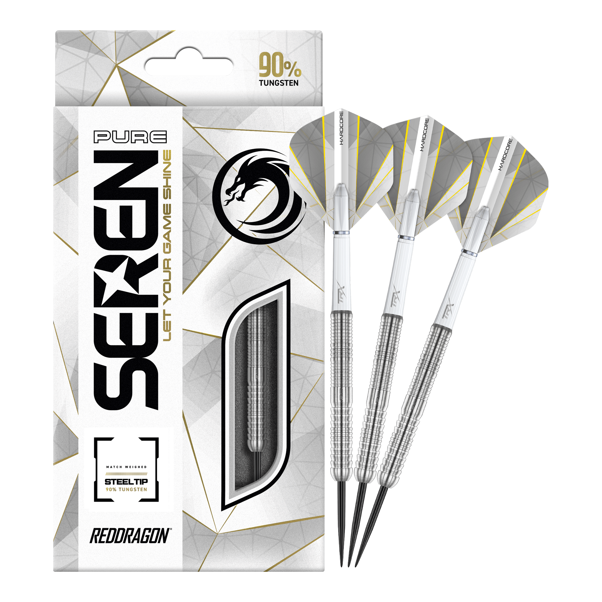 Auf dem Bild sind die Red Dragon Seren 1 Pure Steeldarts und ihre Verpackung zu sehen. Die Darts bestehen zu 90 % aus Tungsten und haben ein elegantes, silbernes Design.
