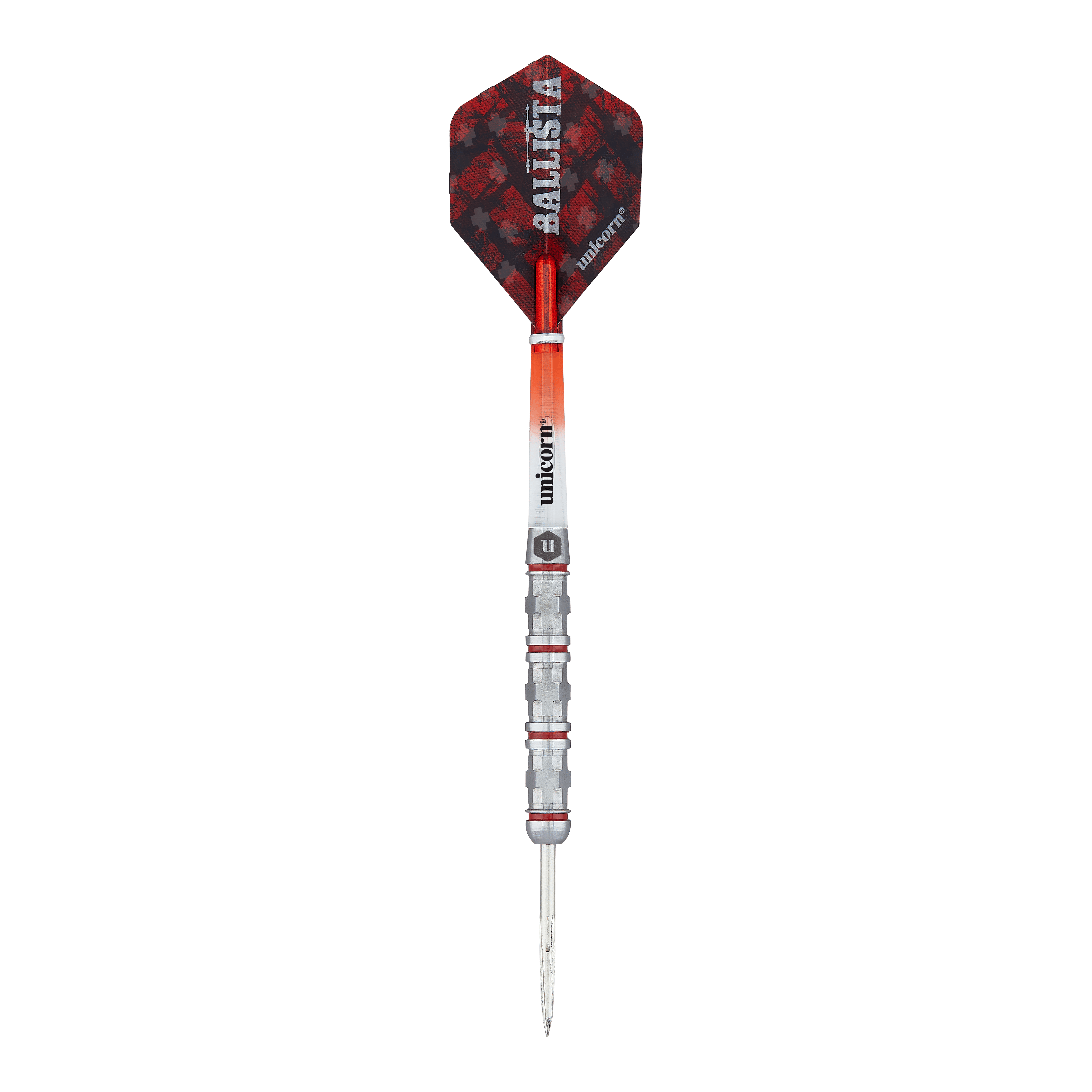 Unicorn Ballista Style 4 dardi in acciaio Das Bild zeigt einen Steeldart namens "Unicorn Ballista Style 4". Der Dart hat eine silberne Spitze, einen strukturierten Griff und rote sowie schwarze Akzente am Flight.