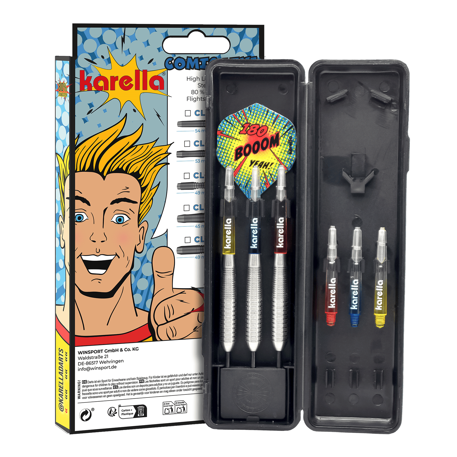Freccette in acciaio Karella Comic Line CL-4 - 23 g Abgebildet sind die Karella Comic Line CL-4 Steeldarts - 23g. Die Darts haben ein modernes Design und eine spezielle Gewichtsverteilung.