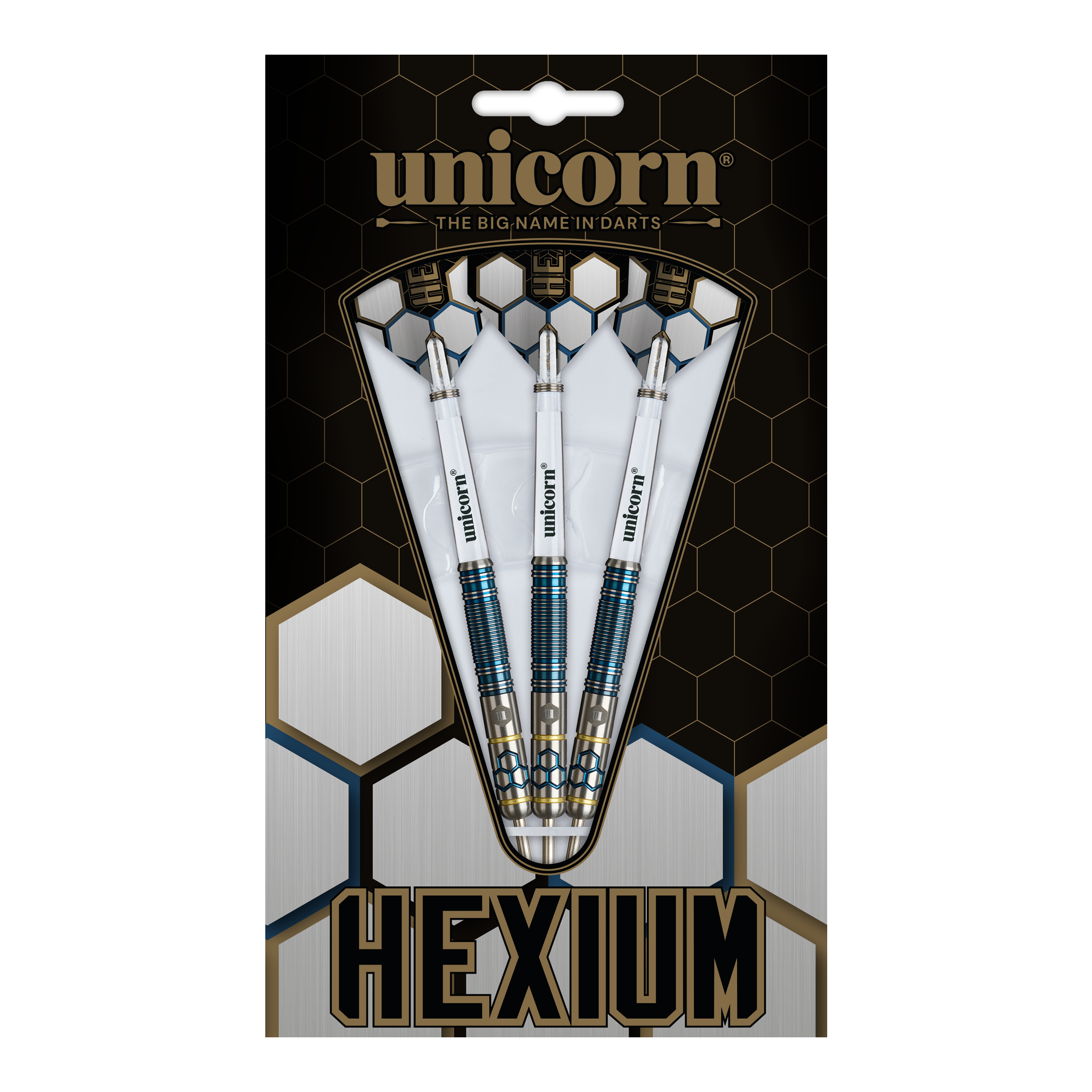 Freccette in acciaio Unicorn Hexium Style 02 blu e oro Das Bild zeigt die Unicorn Hexium Style 02 Blue & Gold Steeldarts. Die Darts sind in Blau und Gold designt.