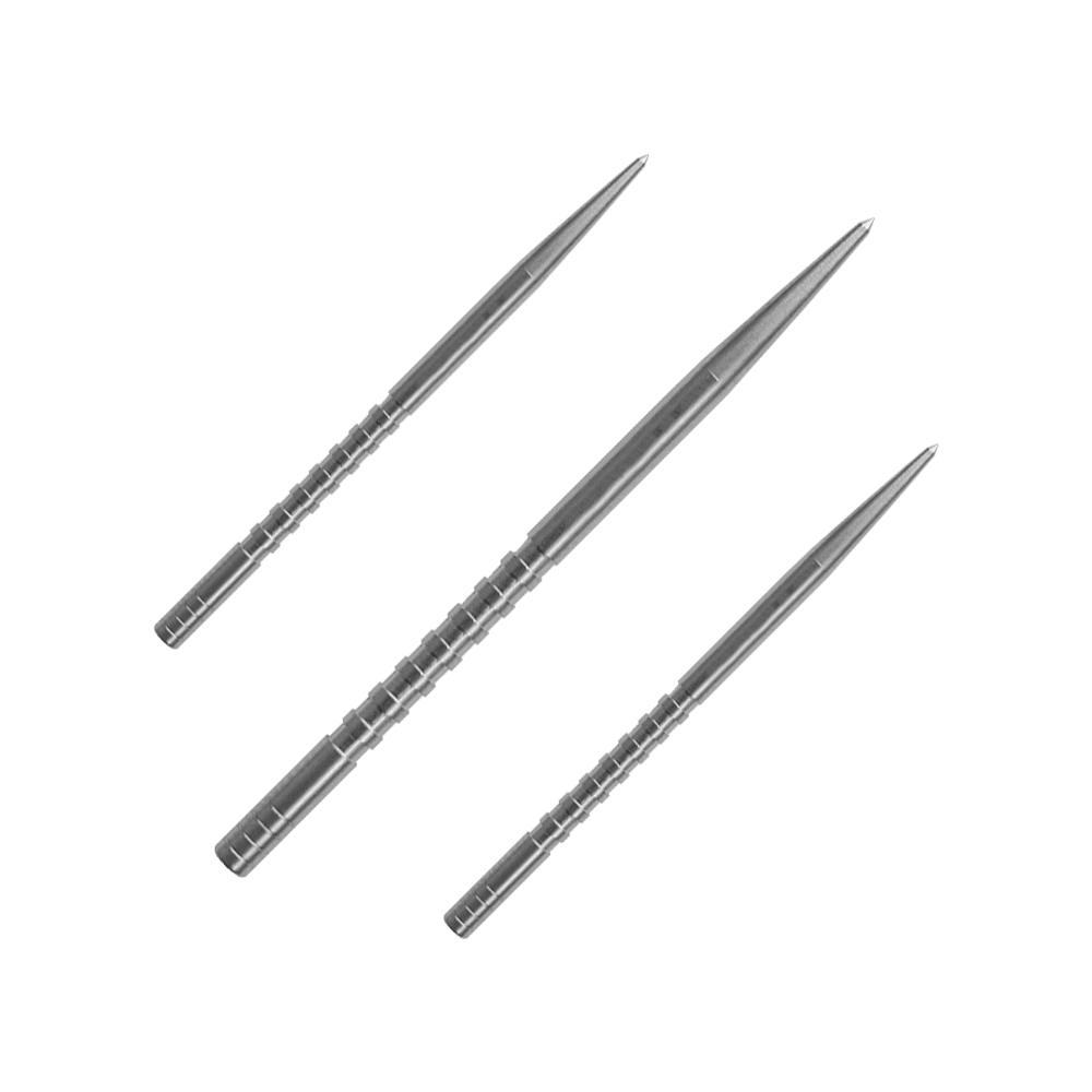 Condor Beak Point con punte di freccia tagliate Das Bild zeigt drei silberne Dartspitzen, die parallel nebeneinander liegen. Die Spitzen sind lang, schmal und haben feine Rillen am unteren Ende.