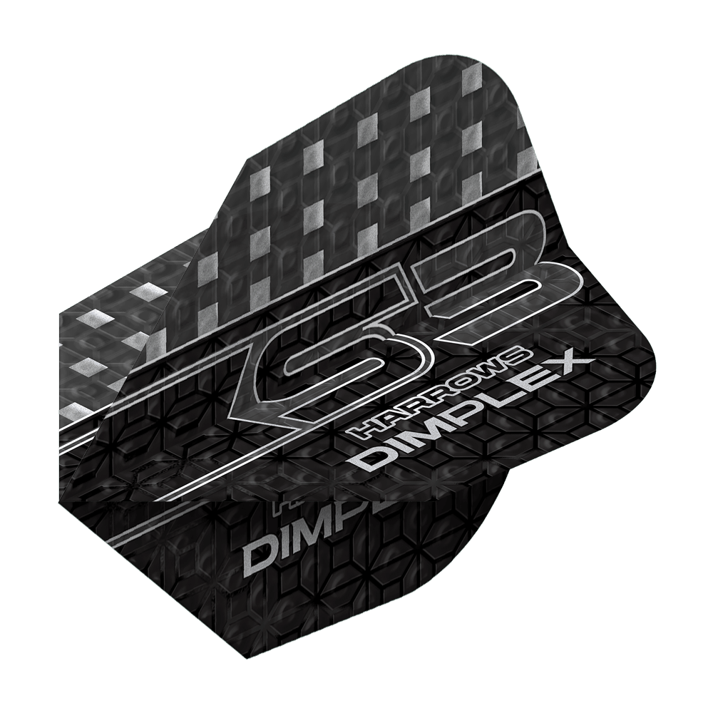 Voli Harrows Dimplex S3 - Smokey Das Bild zeigt ein Dart-Flügel mit dem Namen "Harrows Dimplex S3 Flights - Smokey". Das Design ist überwiegend schwarz mit silbernen Mustern und Schriftzügen.
