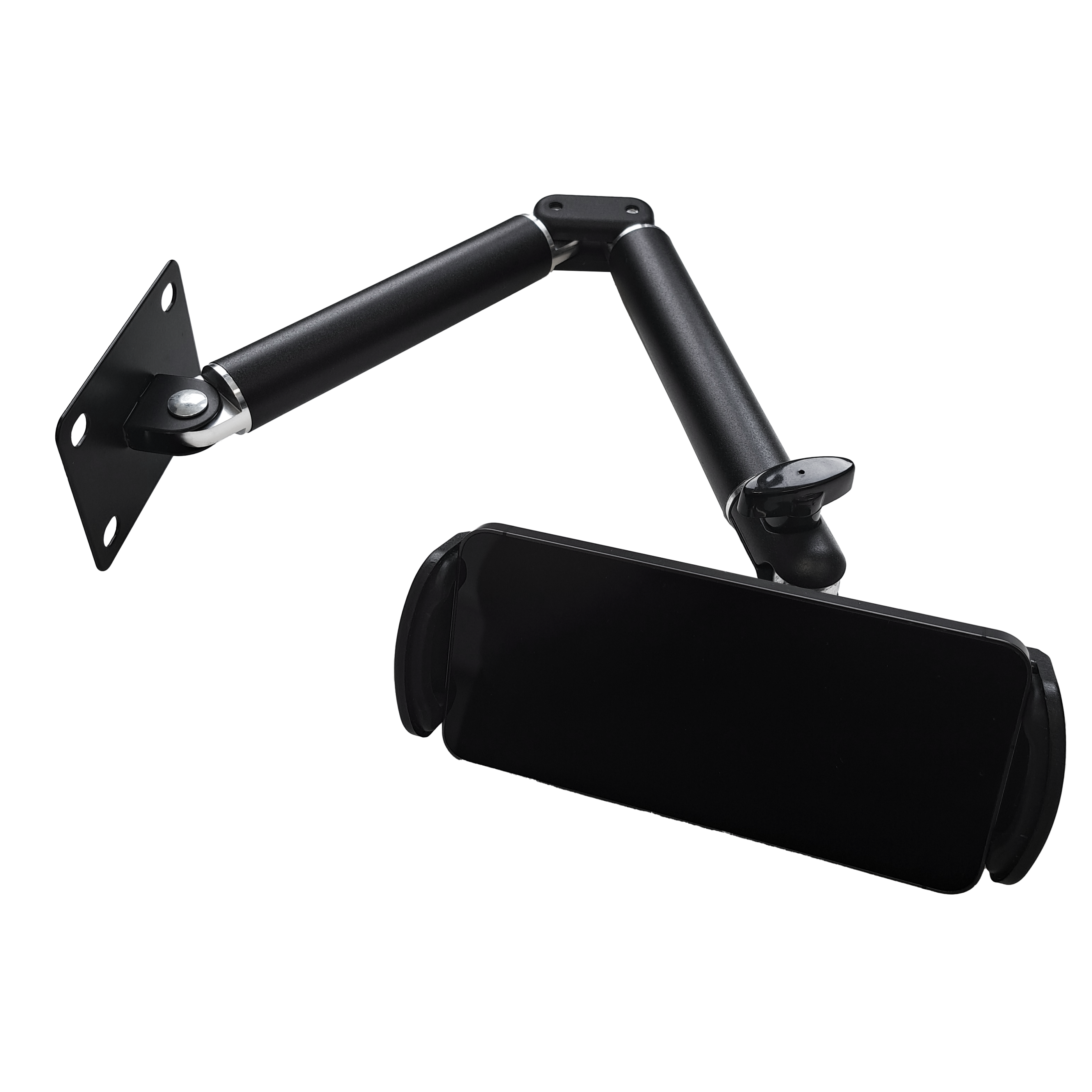 Supporto da parete per tablet McDart TABFlex con braccio flessibile Das Bild zeigt die McDart TABFlex Tablet Wandhalterung mit flexiblem Arm. Sie besteht aus schwarzem Metall und hat einen verstellbaren Arm zur Befestigung eines Tablets an der Wand.