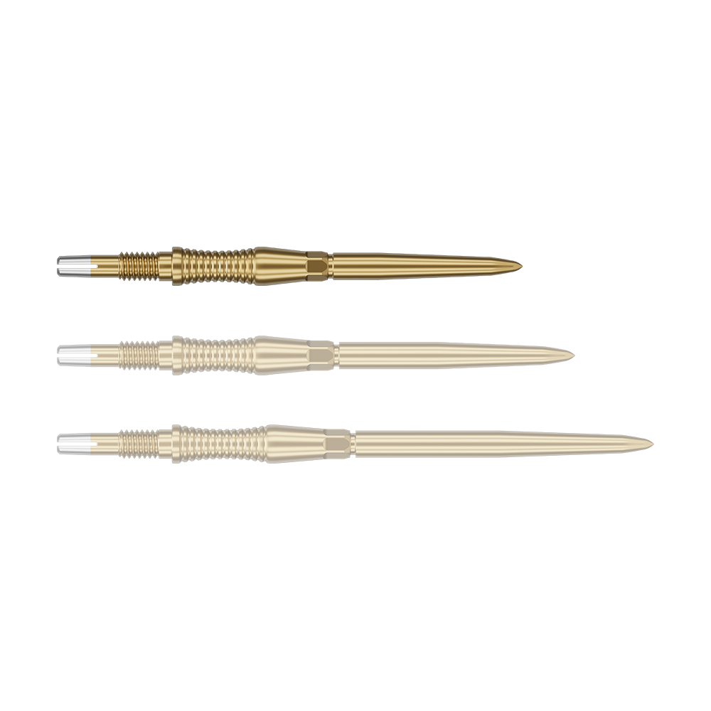 Punte per freccette Target Swiss Point Signature RST - Oro Das Bild zeigt eine Darts-Spitze von Target in Gold, vermutlich aus der Swiss Point Signature RST Serie mit 30mm Länge. Die Spitze hat ein detailliertes Design und reflektiert das Licht.