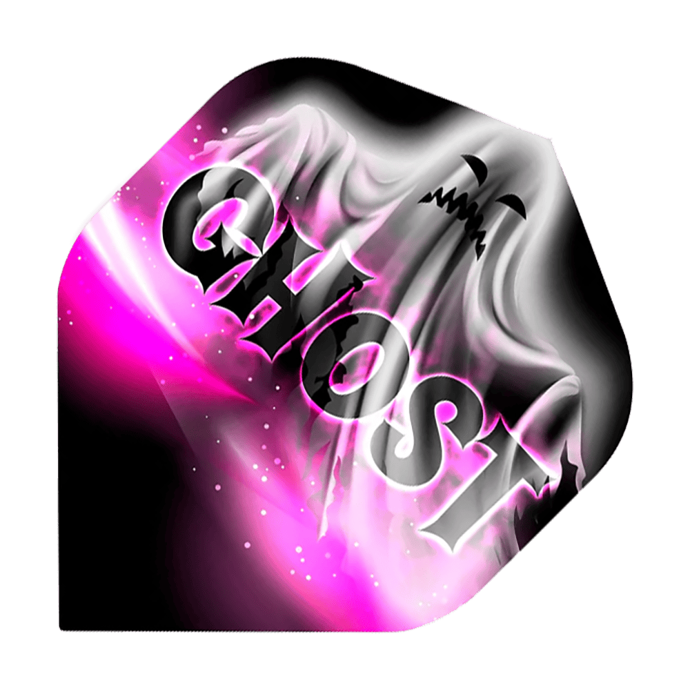Missione Solo Bailey Marsh No2 Voli Standard Das Bild zeigt ein Dartflight mit einem Geistermotiv und dem Wort "GHOST" groß darüber geschrieben. Die Farben sind hauptsächlich Schwarz, Weiß und Pink.