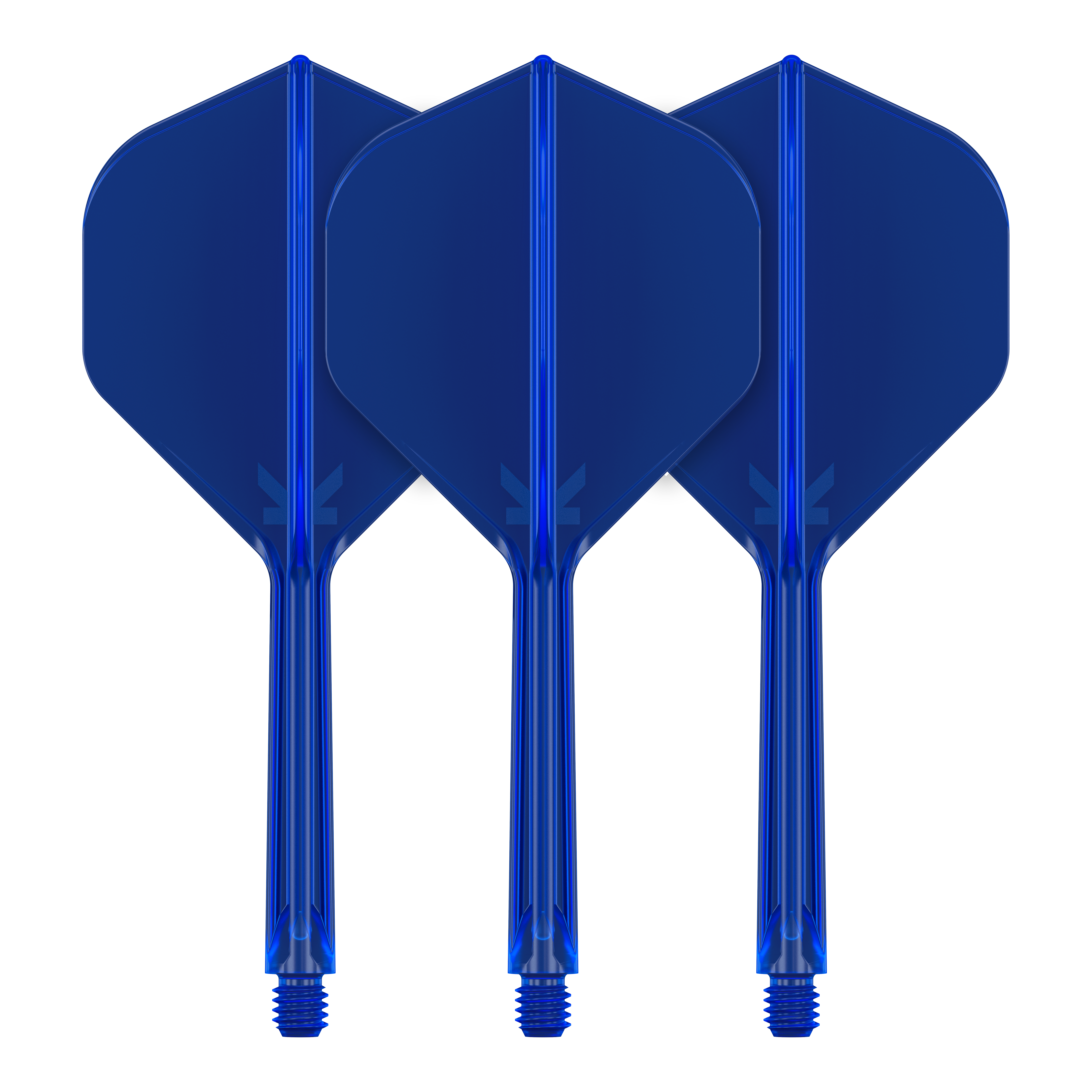 Target K-Flex No2 Standard Flight System - Blu Auf dem Bild sind drei blaue Dart-Flights mit Schaft zu sehen. Sie stehen nebeneinander und haben eine standardisierte Form.