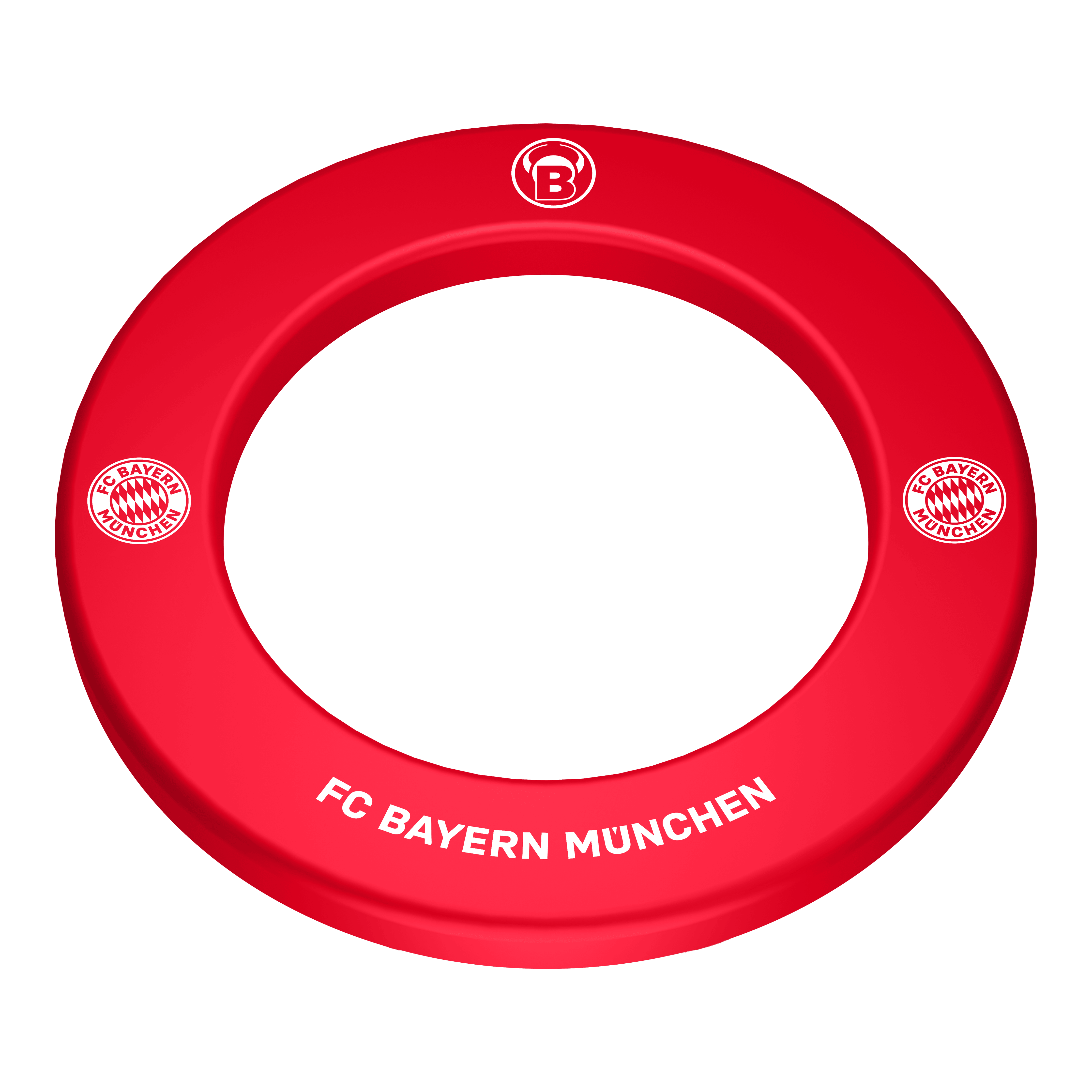 Bordo per freccette Premium Bulls FC Bayern Monaco Das Bild zeigt das Bulls FC Bayern München Premium Dartboard Surround. Es handelt sich um eine hochwertige Umrandung für ein Dartboard im Design des FC Bayern München.