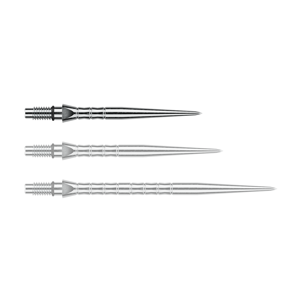Punte per freccette in acciaio Winmau Switch Point Wave - Effetto argento Das Foto zeigt Winmau Switch Point Wave Silver Effect Steeldartspitzen mit 26 mm. Die silberfarbenen Steeldartspitzen sind in der Nahaufnahme sichtbar.