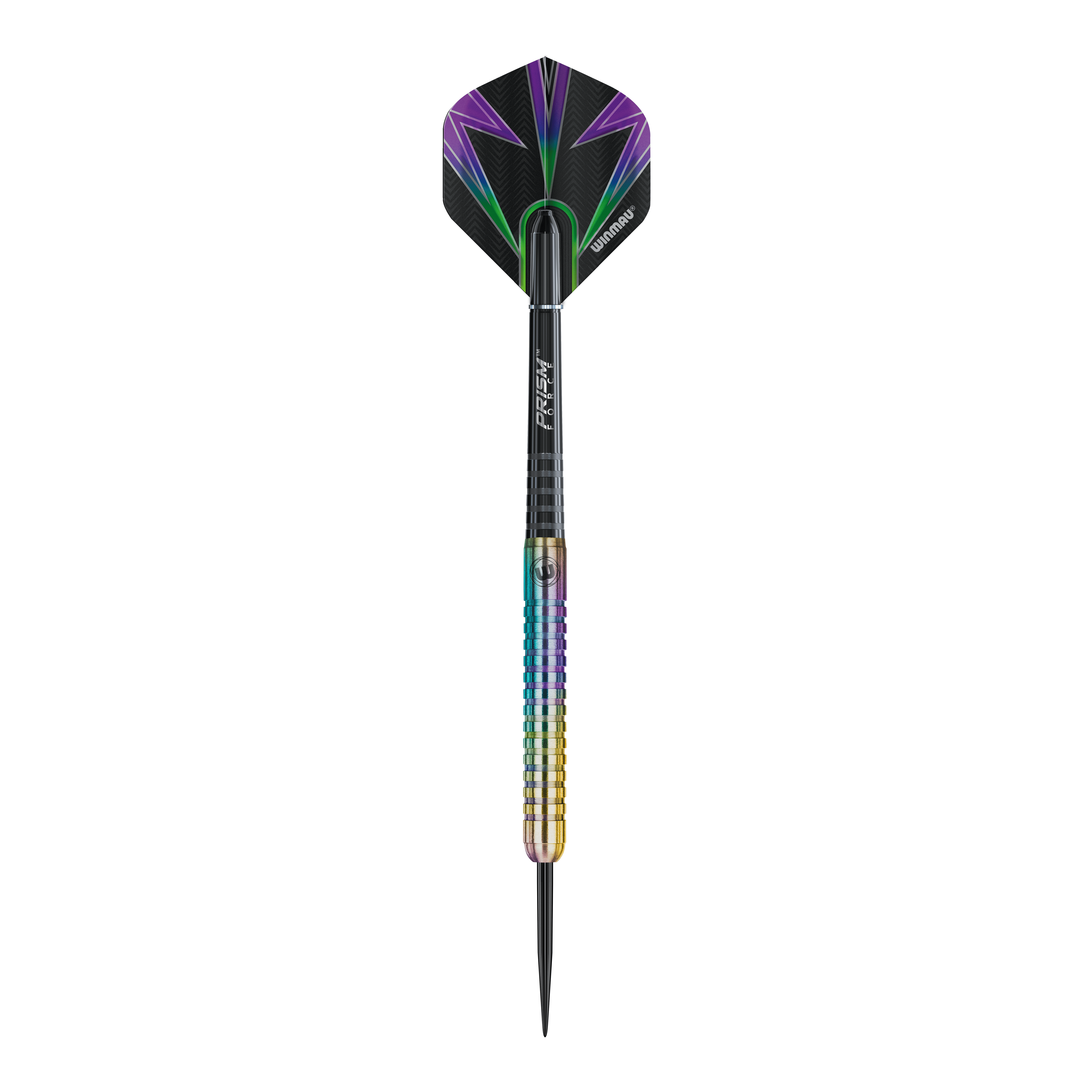 Freccette in acciaio Winmau Foxfire Urban Das Bild zeigt einen Winmau Foxfire Urban Steeldart mit buntem Schaft und moderner Optik. Die Flight ist schwarz mit lila und grünen Akzenten gestaltet.