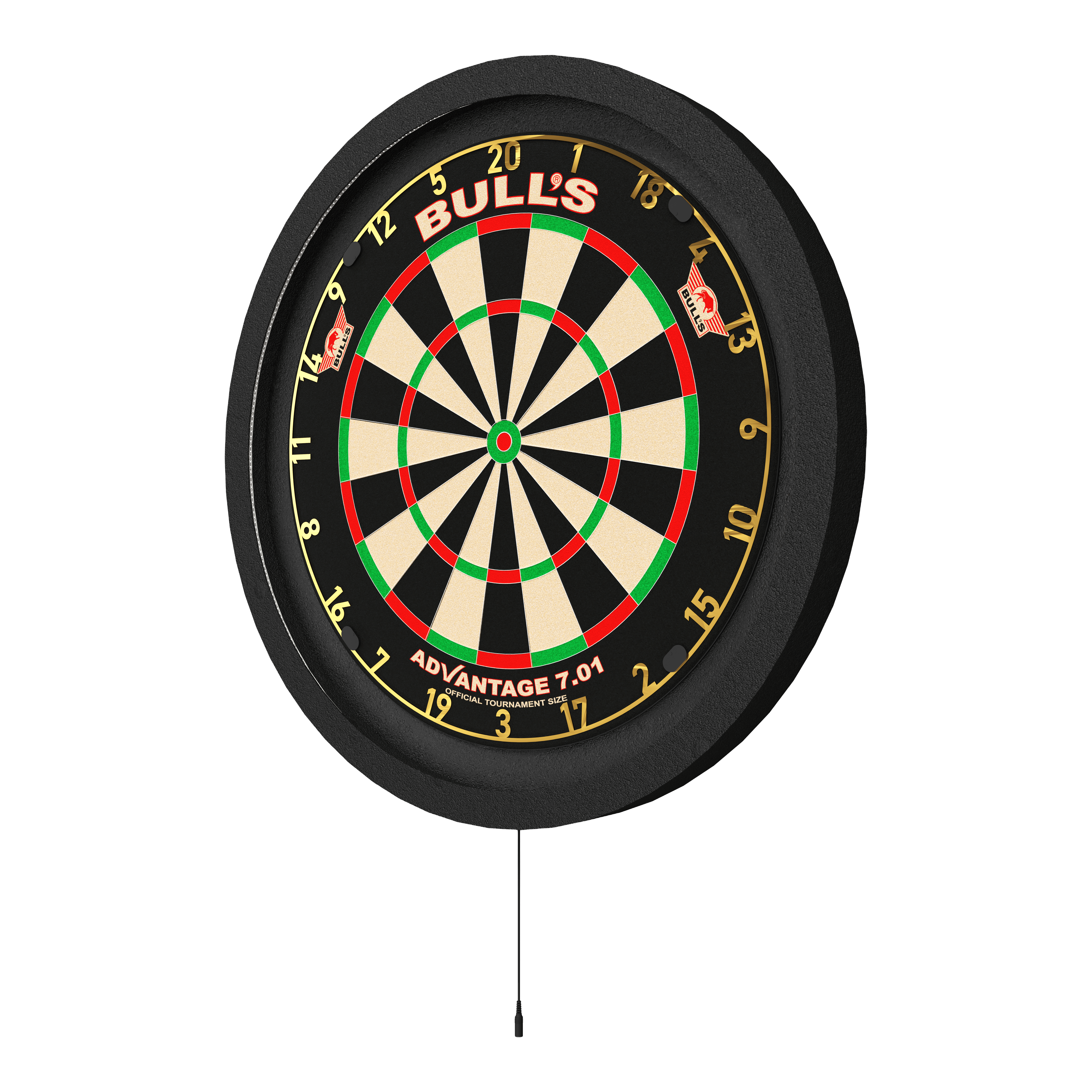 Sistema di illuminazione surround Bulls NL Lumo 2 Light Das Bild zeigt ein Bulls NL Lumo 2 Light Surround Beleuchtungssystem an einer Dartscheibe. Das Beleuchtungssystem sorgt für eine gleichmäßige Ausleuchtung des Dartboards.