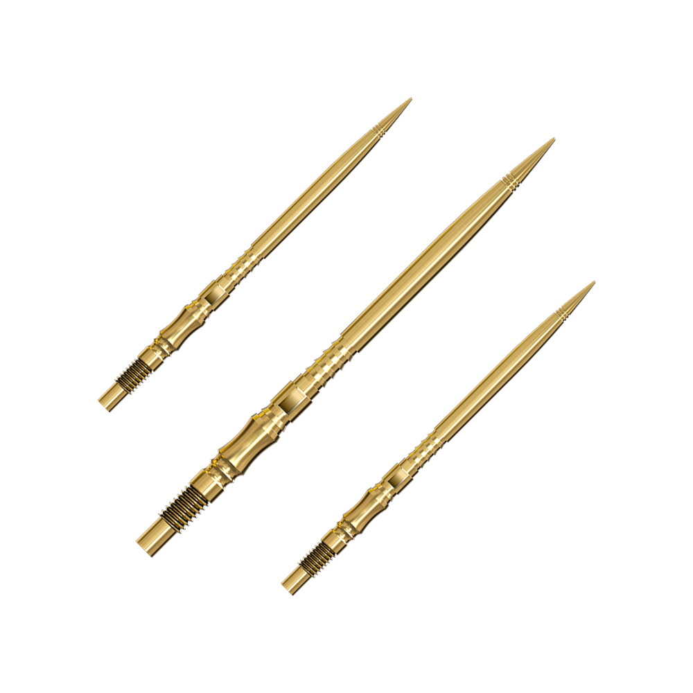 Ein Set von mehreren goldfarbenen Dartspitzen liegt nebeneinander. Die Spitzen sind gut sortiert und übersichtlich angeordnet.