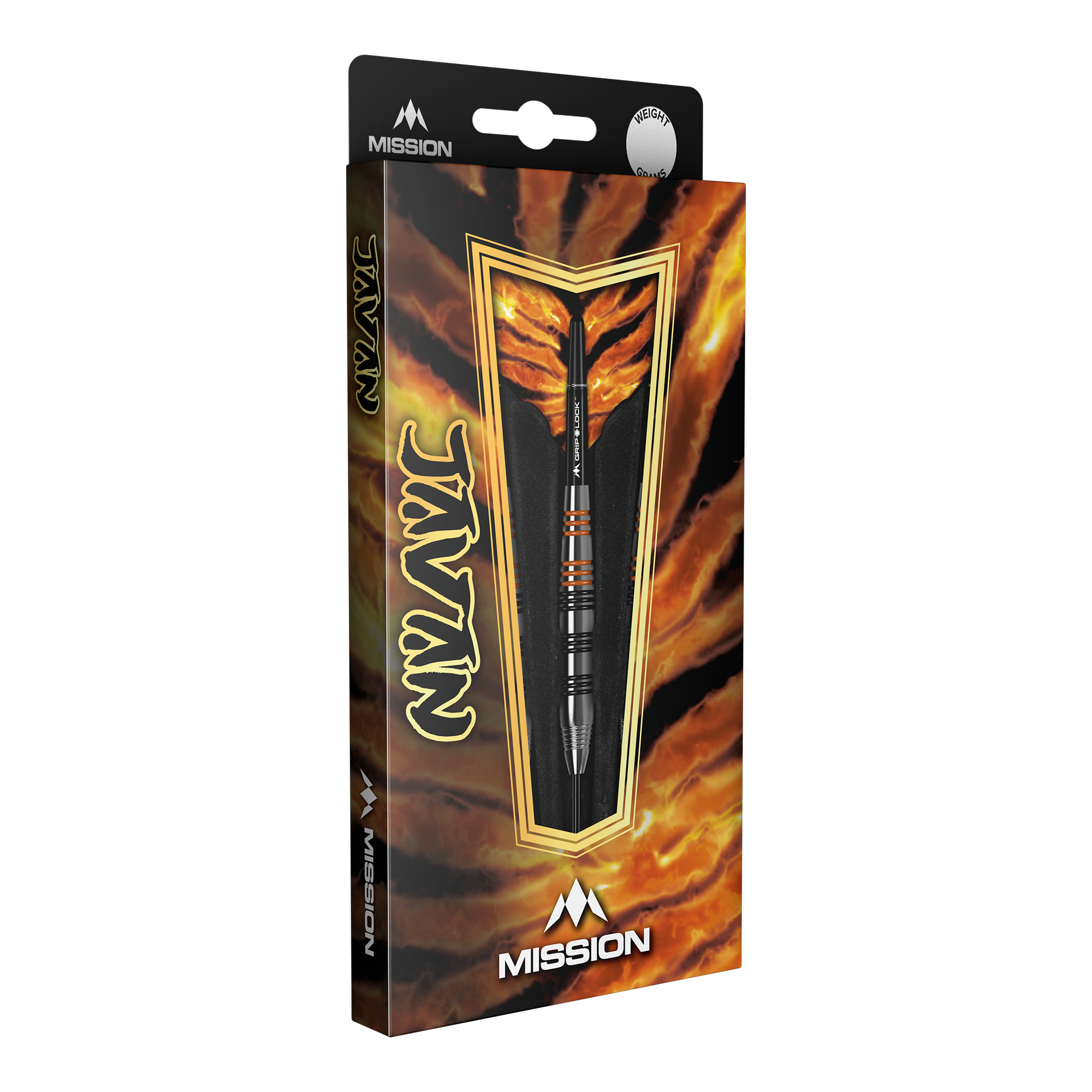 Freccette Mission Javan in ottone e acciaio - 22 g Die Abbildung zeigt die Verpackung der Mission Javan Brass Steeldarts mit einem Gewicht von 22g. Das Design ist auffällig und besitzt feurige Farben mit dem Produkt im Vordergrund.