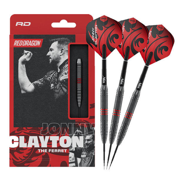 Freccette in acciaio Red Dragon Jonny Clayton Core Brass - 21 g Dieses Bild zeigt die Red Dragon Jonny Clayton Core Brass Steeldarts - 21g in voller Länge. Die Darts haben goldene Rillen und rote sowie schwarze Details am Flight.